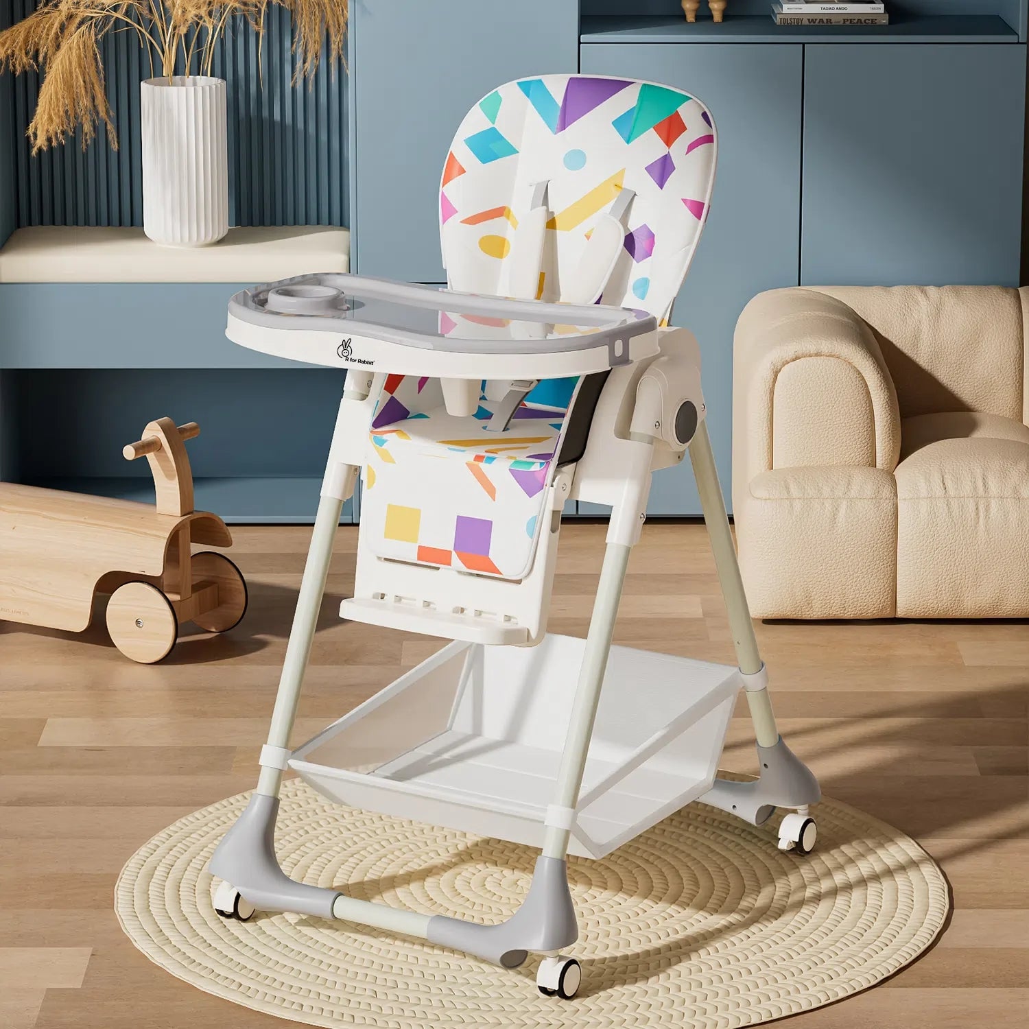 R for Rabbit Marshmallow High Chair - 7 Level Height Adjustment, 3 Recline Modes, Adjustable & Removable Double Meal Tray, 6 months-5 years