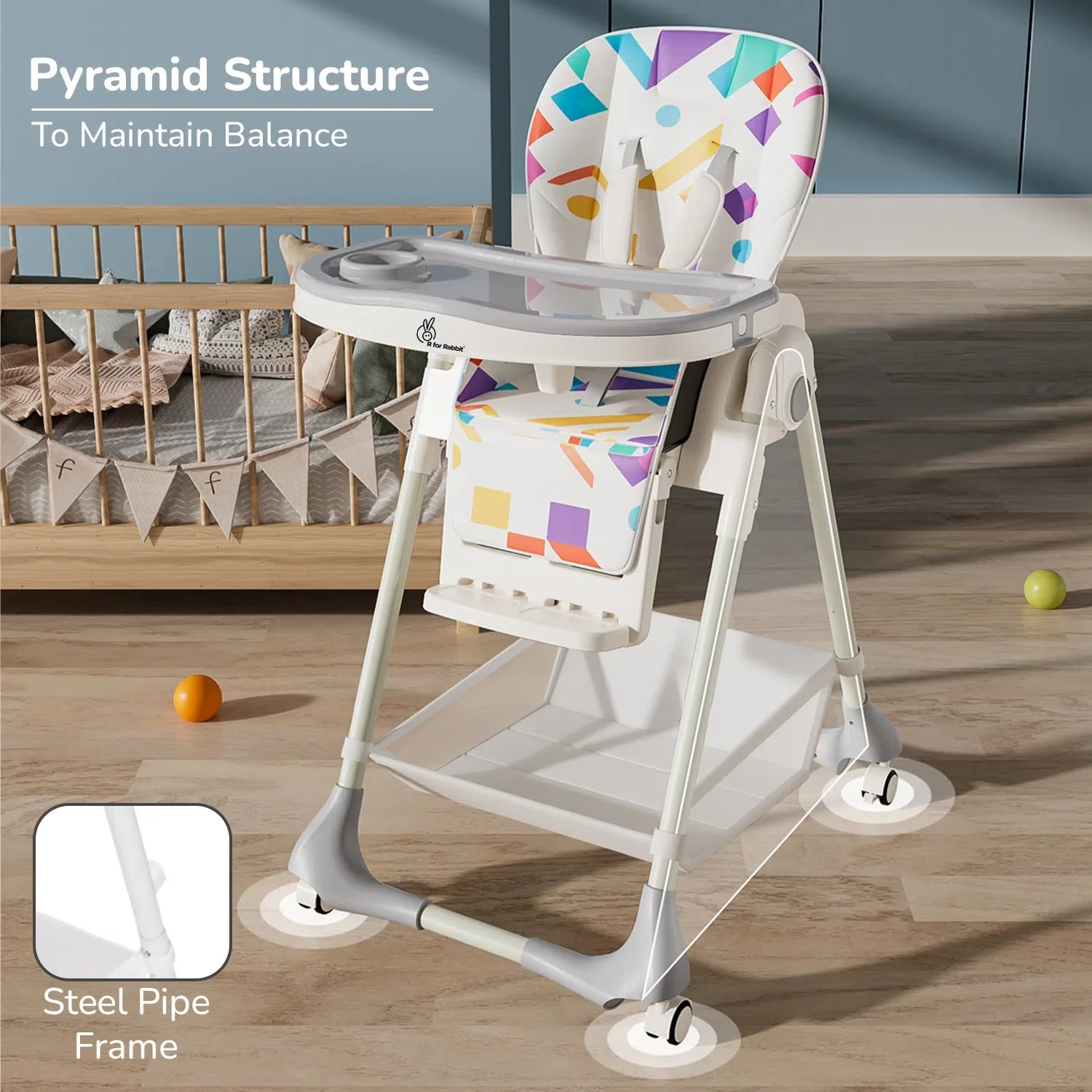 R for Rabbit Marshmallow High Chair - 7 Level Height Adjustment, 3 Recline Modes, Adjustable & Removable Double Meal Tray, 6 months-5 years