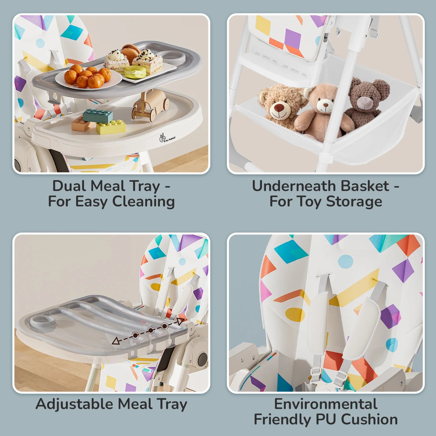 R for Rabbit Marshmallow High Chair - 7 Level Height Adjustment, 3 Recline Modes, Adjustable & Removable Double Meal Tray, 6 months-5 years