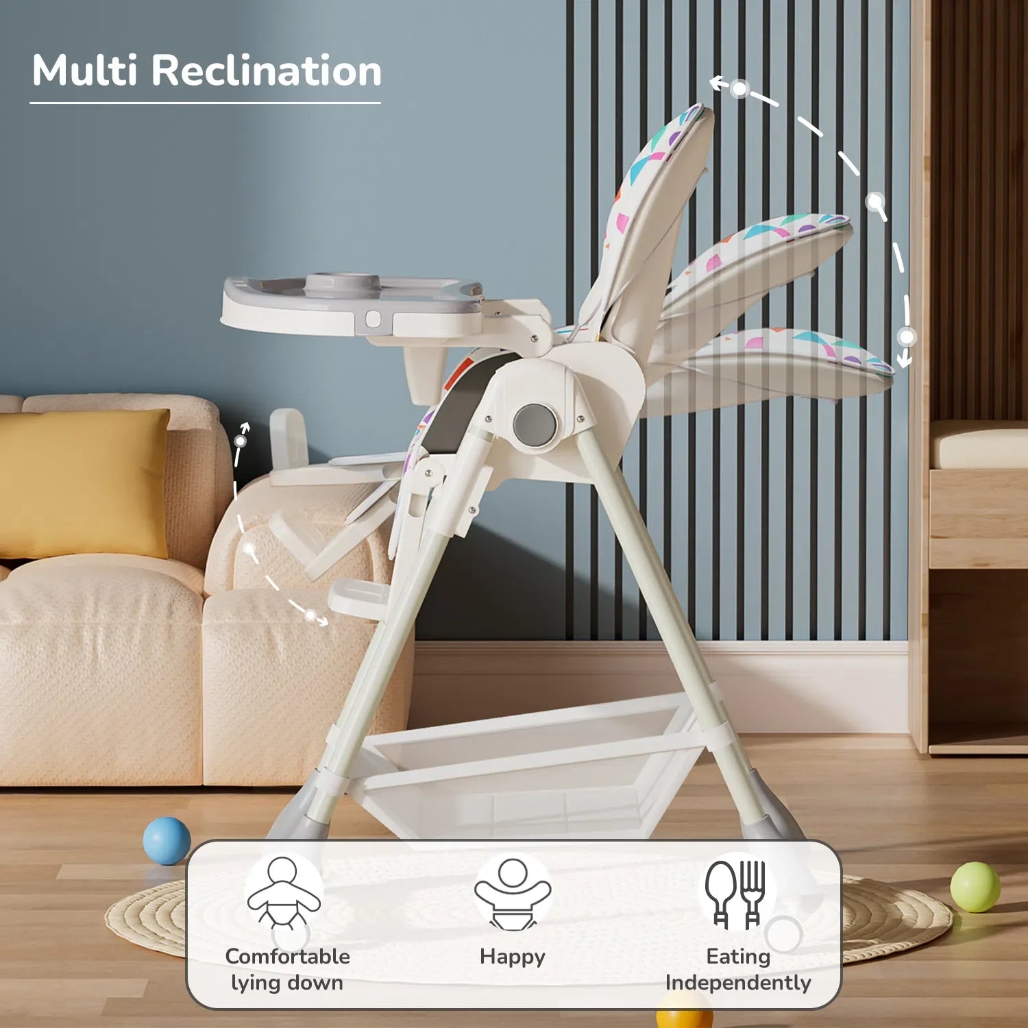 R for Rabbit Marshmallow High Chair - 7 Level Height Adjustment, 3 Recline Modes, Adjustable & Removable Double Meal Tray, 6 months-5 years