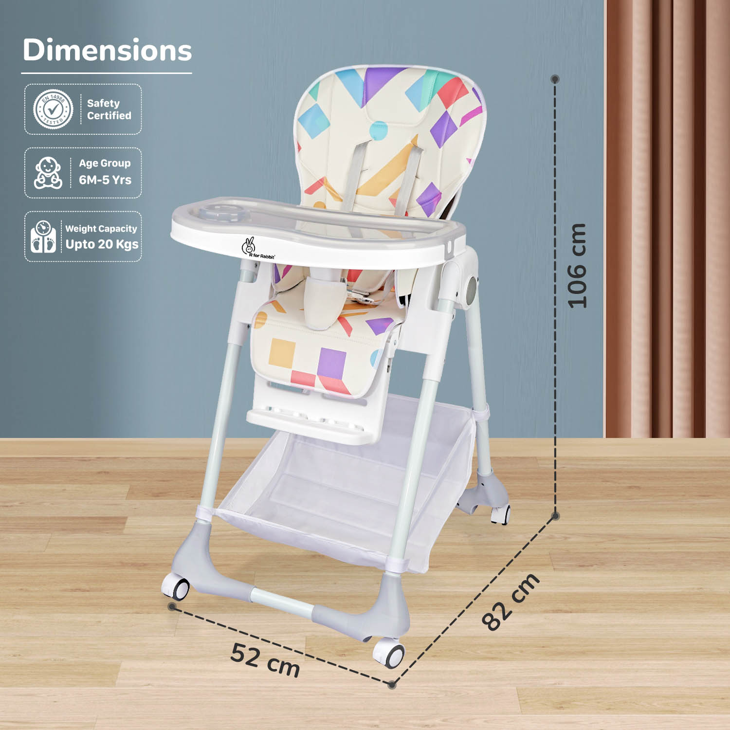 R for Rabbit Marshmallow High Chair - 7 Level Height Adjustment, 3 Recline Modes, Adjustable & Removable Double Meal Tray, 6 months-5 years