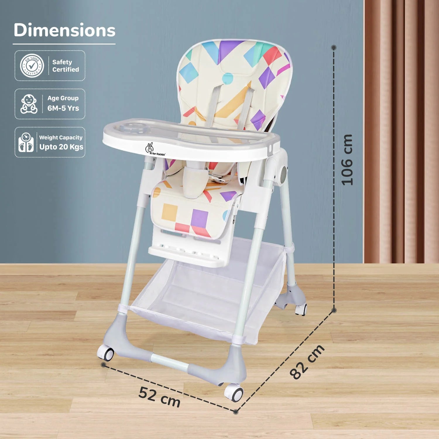 R for Rabbit Marshmallow High Chair - 7 Level Height Adjustment, 3 Recline Modes, Adjustable & Removable Double Meal Tray, 6 months-5 years