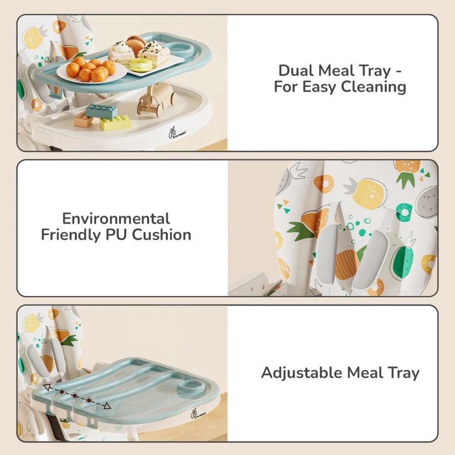 R for Rabbit Marshmallow Lite High Chair - 6 Level Height Adjustment, 3 Recline Modes, Adjustable & Removable Meal Tray