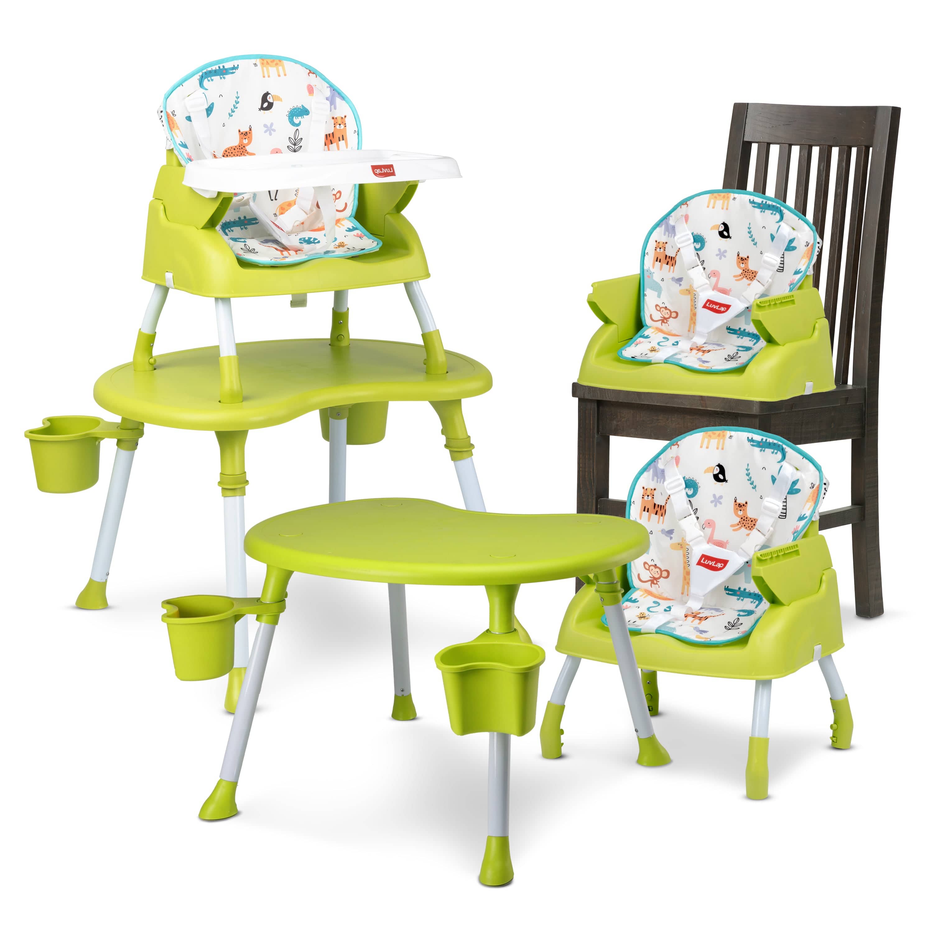 luvlap 4 in 1 Convertible Baby High Chair with Printed Cushion, 3 Point Safety Belts, High Chair, Low Chair, Booster Chair and Table for Baby, Removable & Washable Food Tray 6 Months+, Green