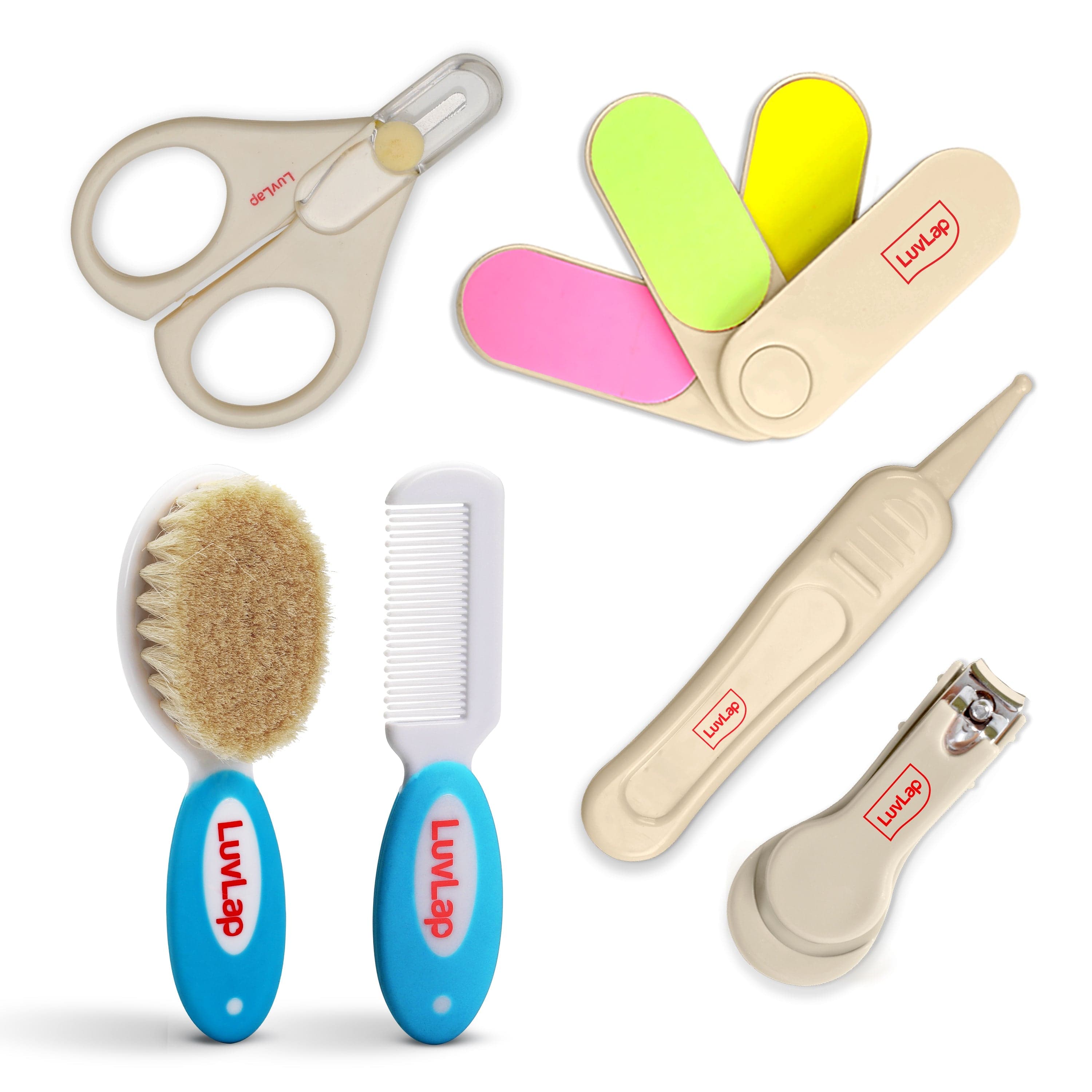 LuvLap Baby Nail & Hair Grooming Set, Contains 4pcs Nail Grooming Kit & Hair Grooming Natural, Baby Comb & Brush Set with Soft bristles, Baby Nail Cutter, New Born Grooming Kit, 0m+