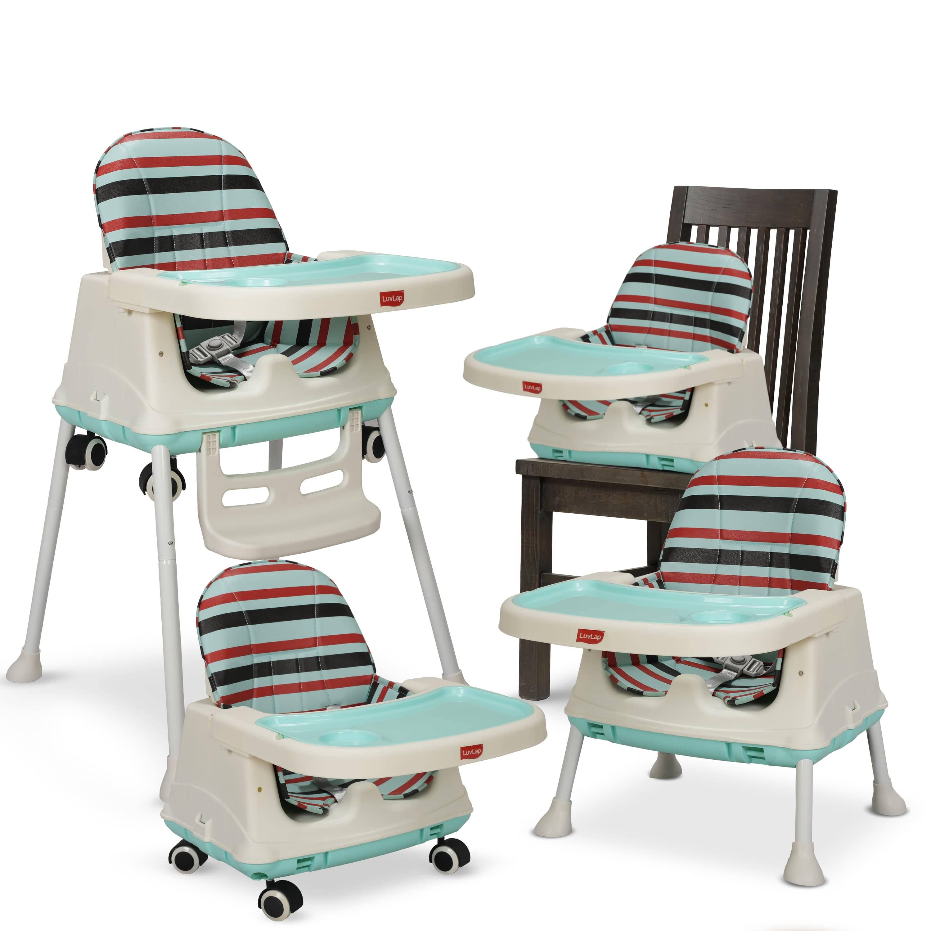 luvlap 4In1 High Chair For Baby/Kids, Toddler Feeding Booster Seat With Wheels, 3 Height Adjustments, With Cushion, 6 Month To 3 Years, Portable (Blue)
