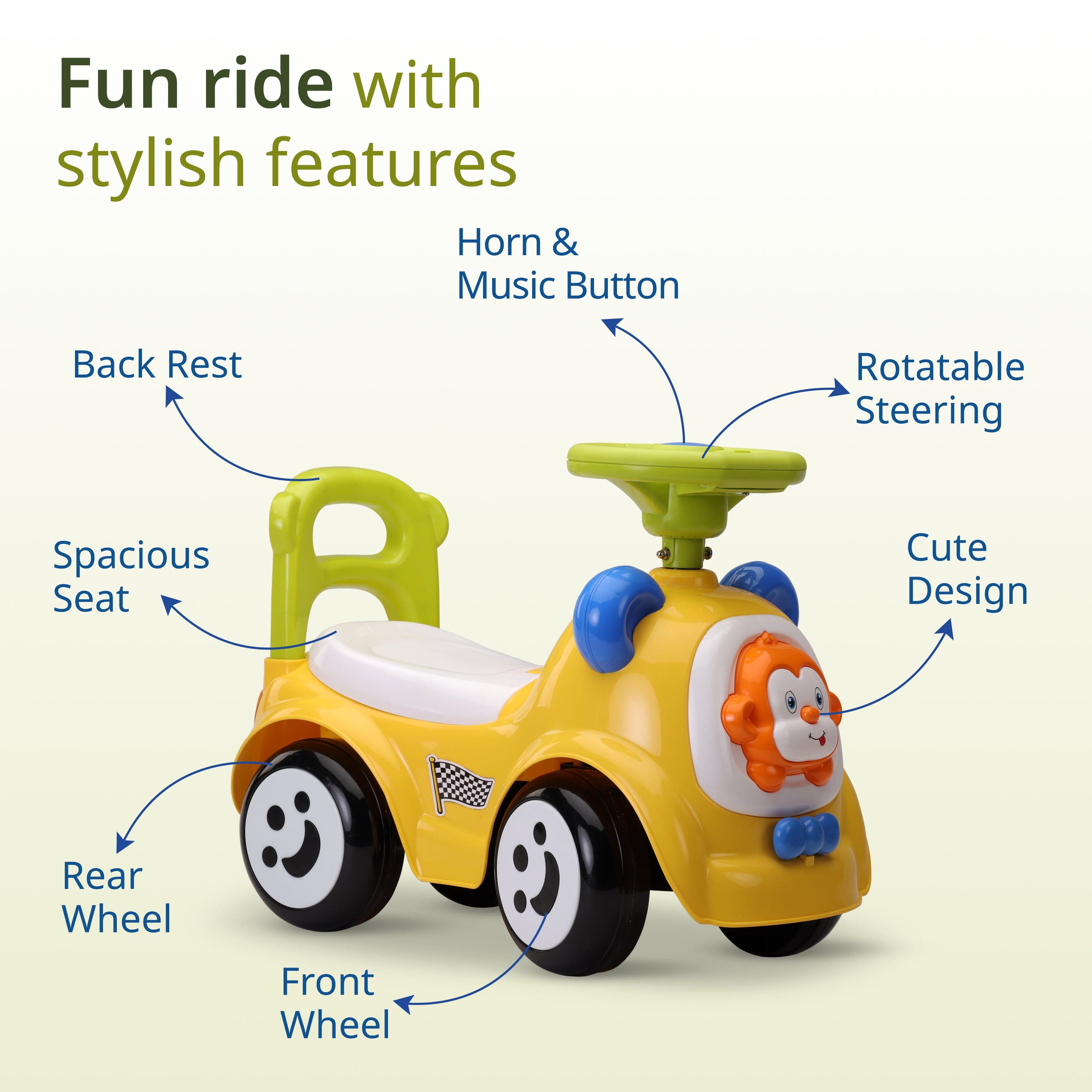 LuvLap Sunny Ride on & Car for Kids with Music & Horn Steering, Push Car for Baby with Backrest, Safety Guard, Under Seat Storage & Big Wheels, Ride on for Kids 1 to 3 Years Upto 25 Kgs (Yellow)