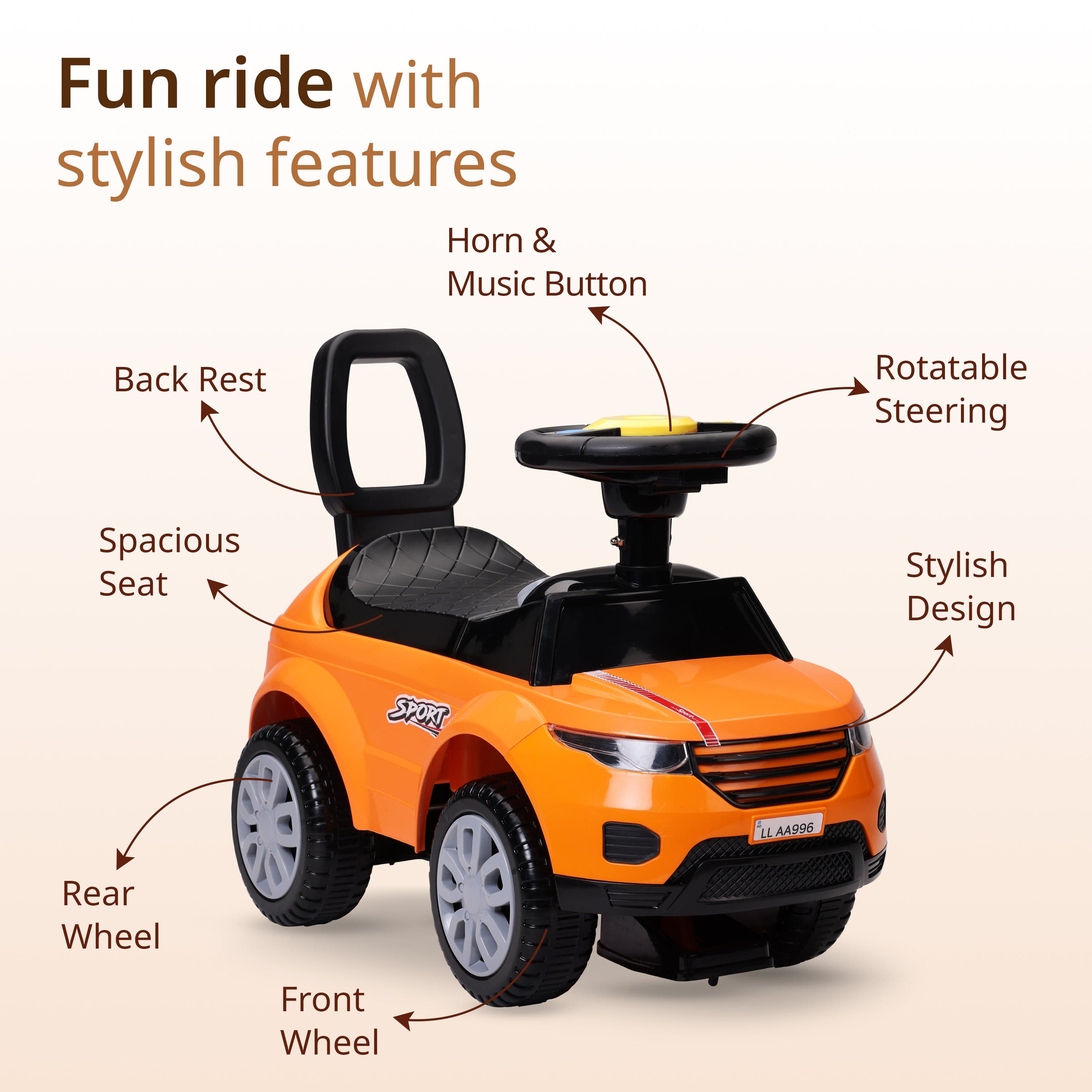 LuvLap Starlight Ride on & Car for Kids with Music & Horn Steering, Push Car for Baby with Backrest, Safety Guard, Under Seat Storage & Big Wheels, Ride on for Kids 1 to 3 Years Upto 25 Kgs (Orange)