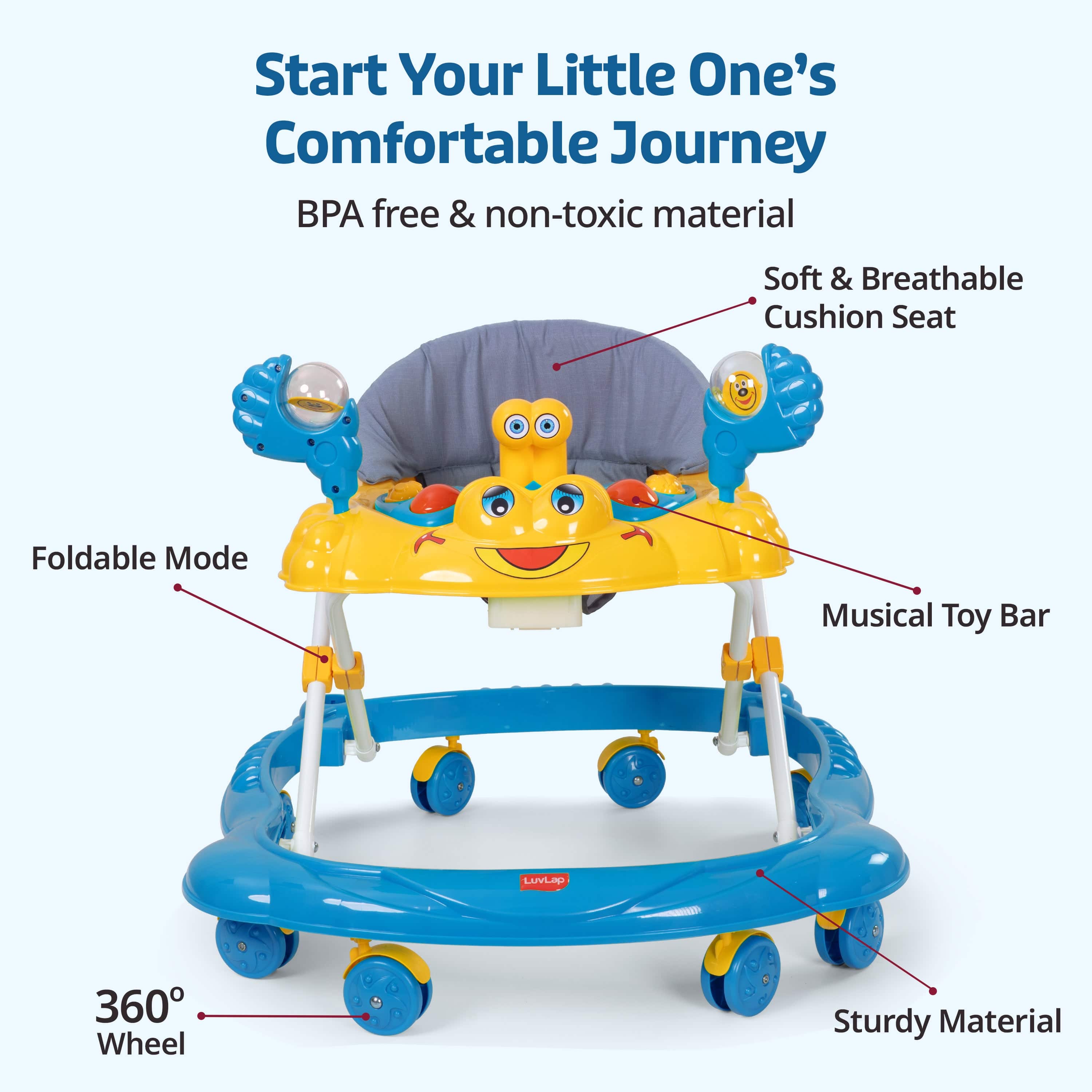 LuvLap Starshine Baby Walker 9+ Months | 3 Level Height Adjustment Walker/Advanced Baby Activity Walker, Blue