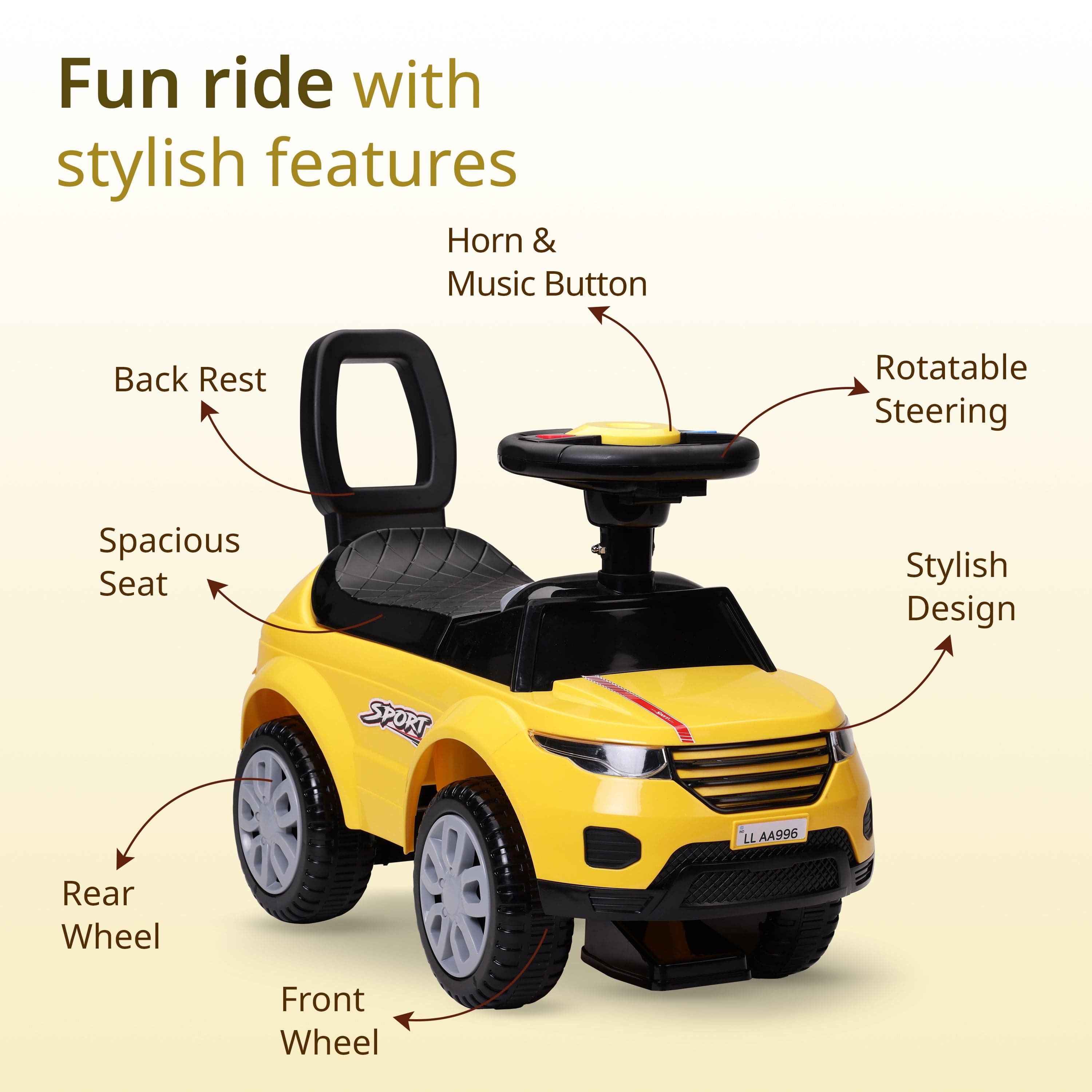 LuvLap Starlight Ride on & Car for Kids with Music & Horn Steering, Push Car for Baby with Backrest, Safety Guard, Under Seat Storage & Big Wheels, Ride on for Kids 1 to 3 Years Upto 25 Kgs (Yellow)