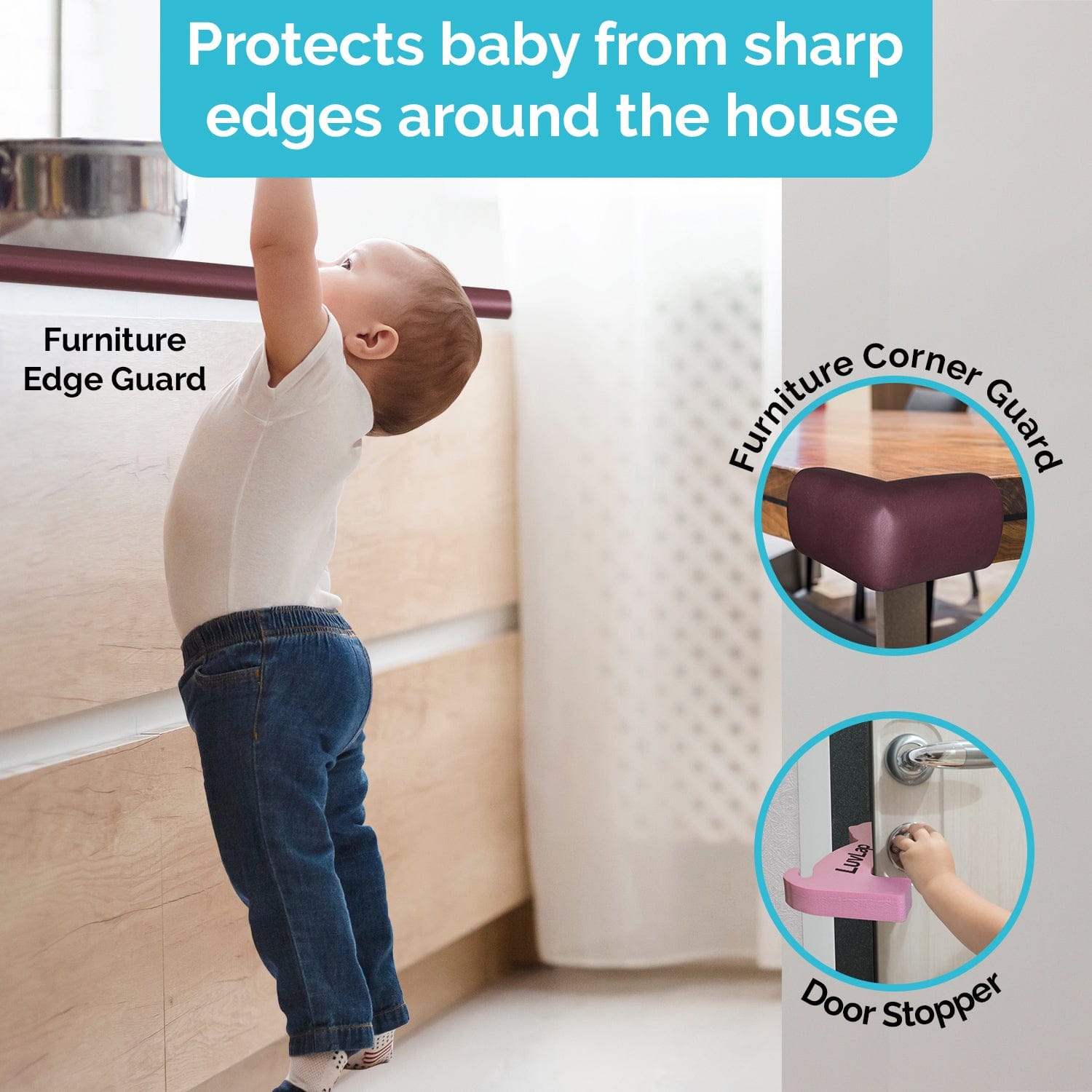 LuvLap Baby Safety Combo Pack, 2 metre Edge Protector, 4 Furniture Corner Guards, One Door Stopper