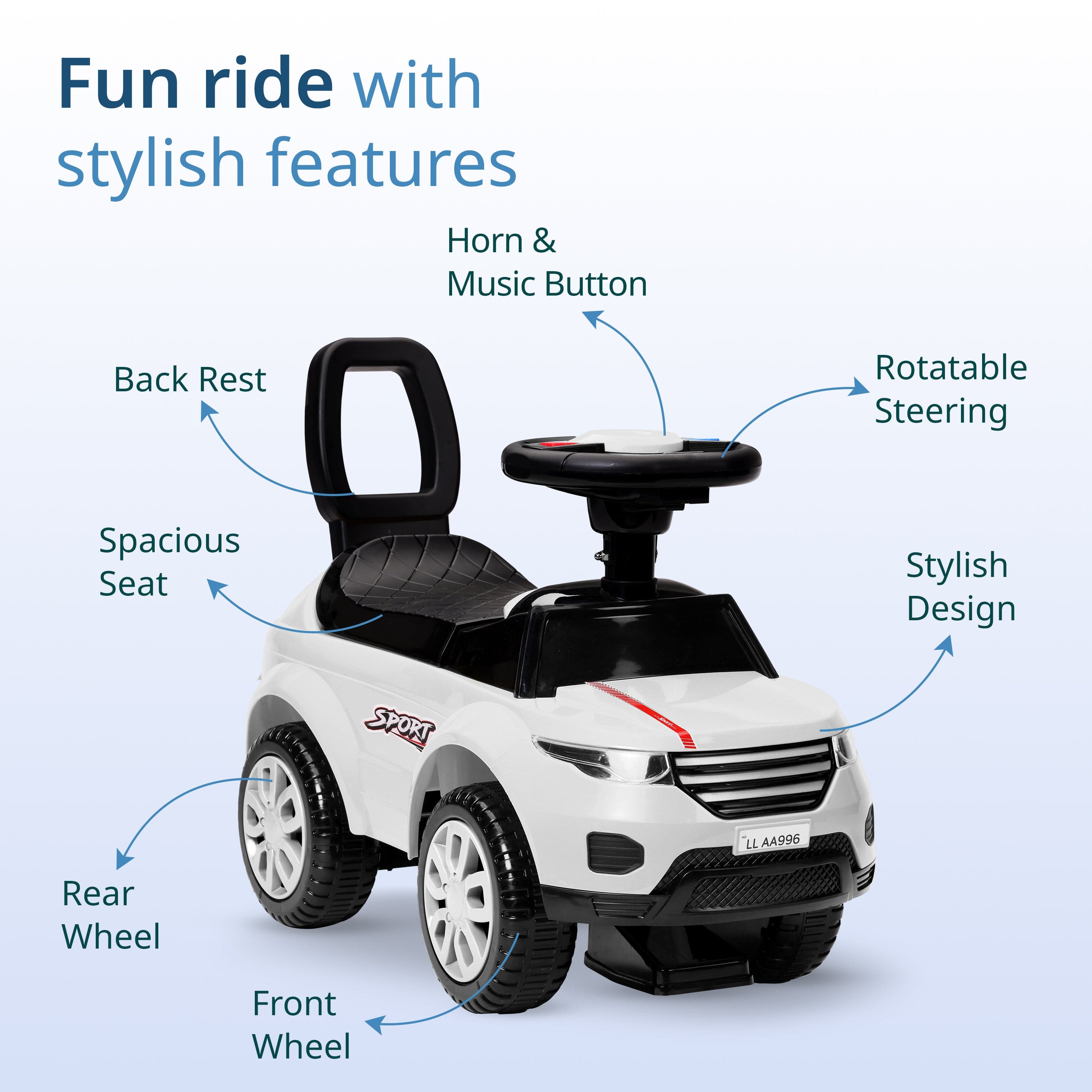 LuvLap Starlight Ride on & Car for Kids with Music & Horn Steering, Push Car for Baby with Backrest, Safety Guard, Under Seat Storage & Big Wheels, Ride on for Kids 1 to 3 Years Upto 25 Kgs (White)