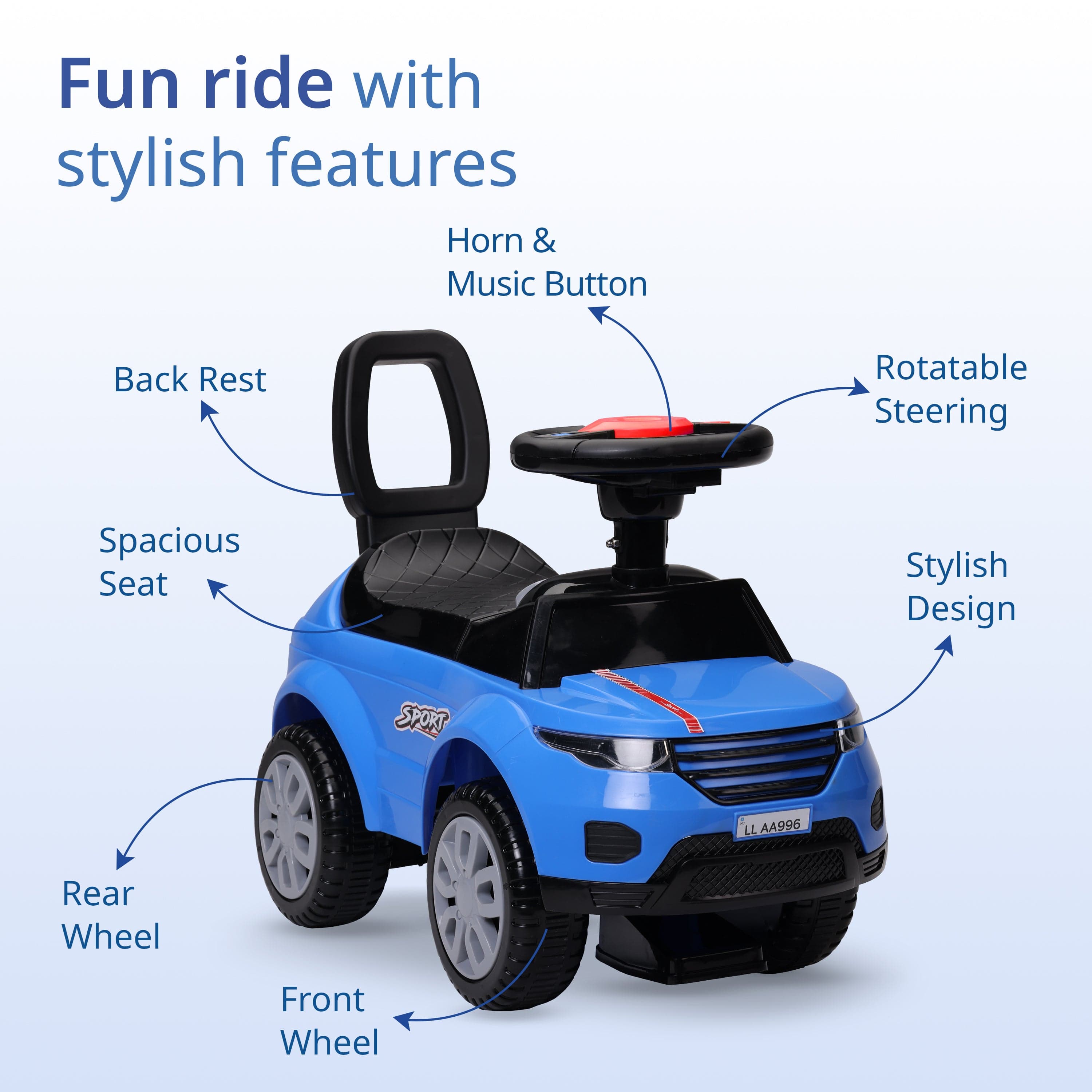 LuvLap Starlight Ride on & Car for Kids with Music & Horn Steering, Push Car for Baby with Backrest, Safety Guard, Under Seat Storage & Big Wheels, Ride on for Kids 1 to 3 Years Upto 25 Kgs (Blue)