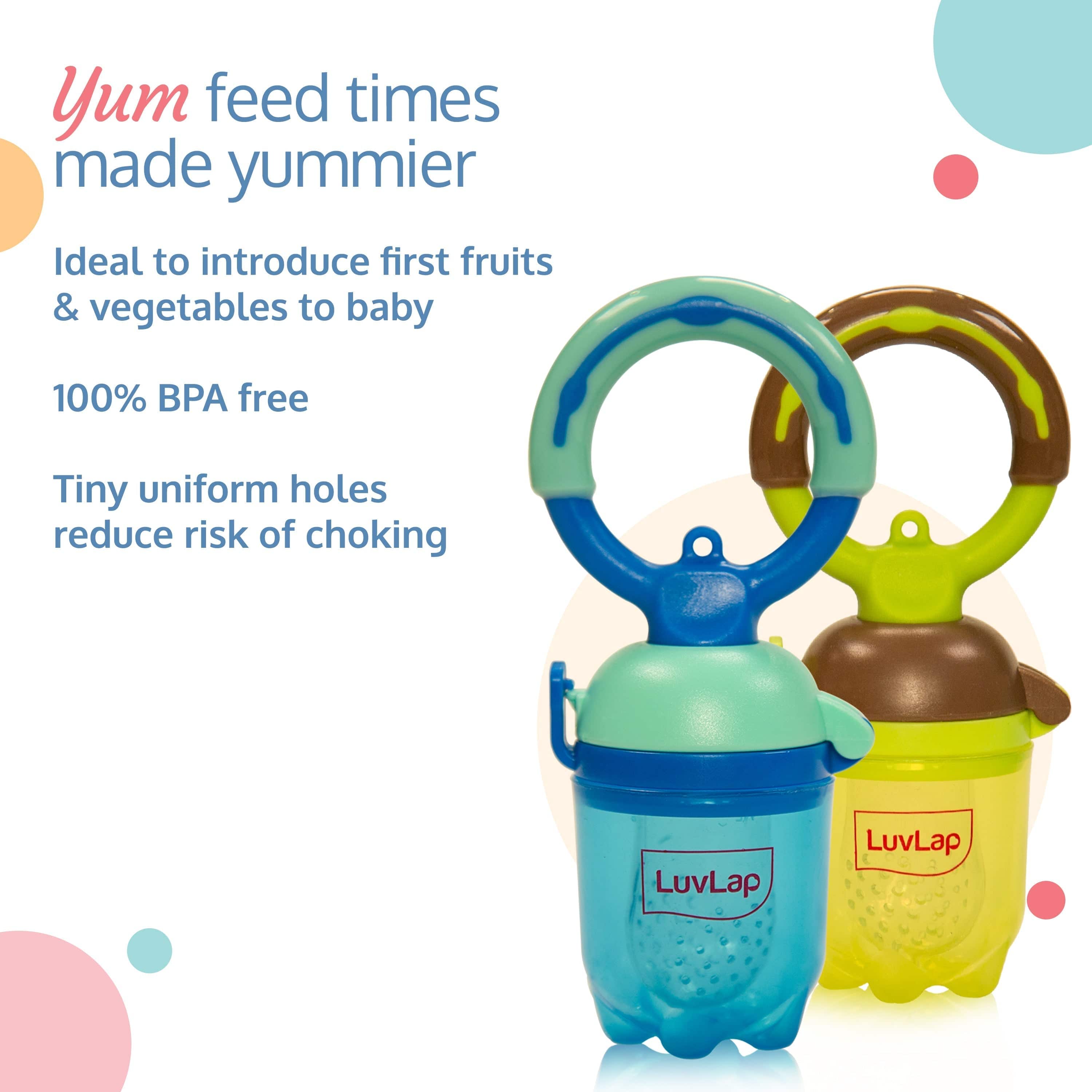 LuvLap Baby Food and Fruit Feeder Twin Pack, BPA Free, Brown and Blue