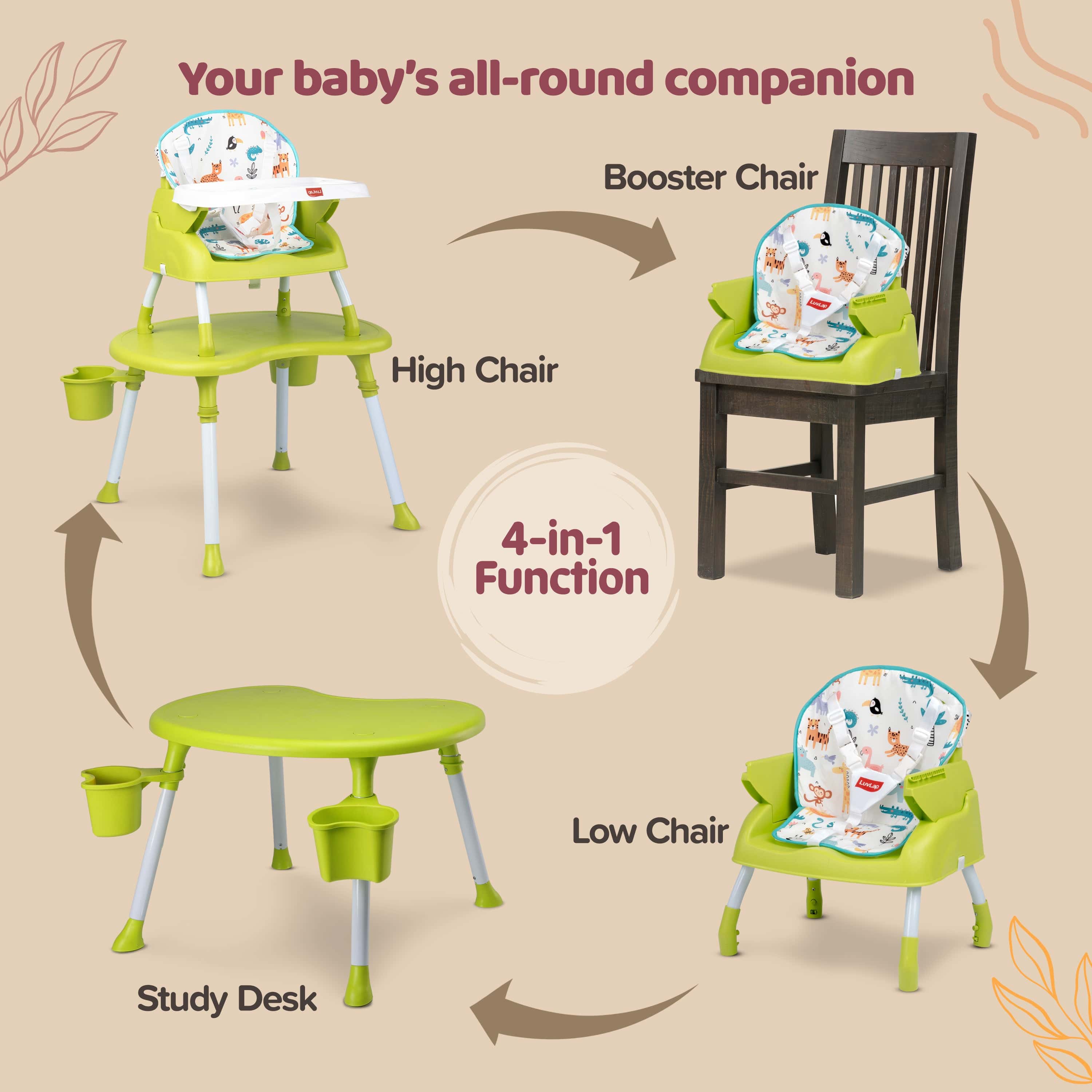 luvlap 4 in 1 Convertible Baby High Chair with Printed Cushion, 3 Point Safety Belts, High Chair, Low Chair, Booster Chair and Table for Baby, Removable & Washable Food Tray 6 Months+, Green