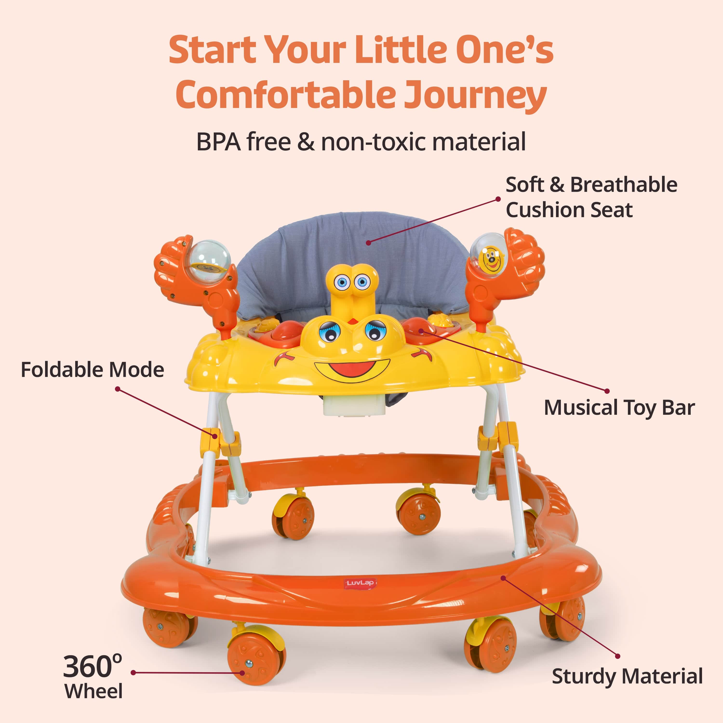LuvLap Starshine Baby Walker 9+ Months | 3 Level Height Adjustment Walker/Advanced Baby Activity Walker, Orange