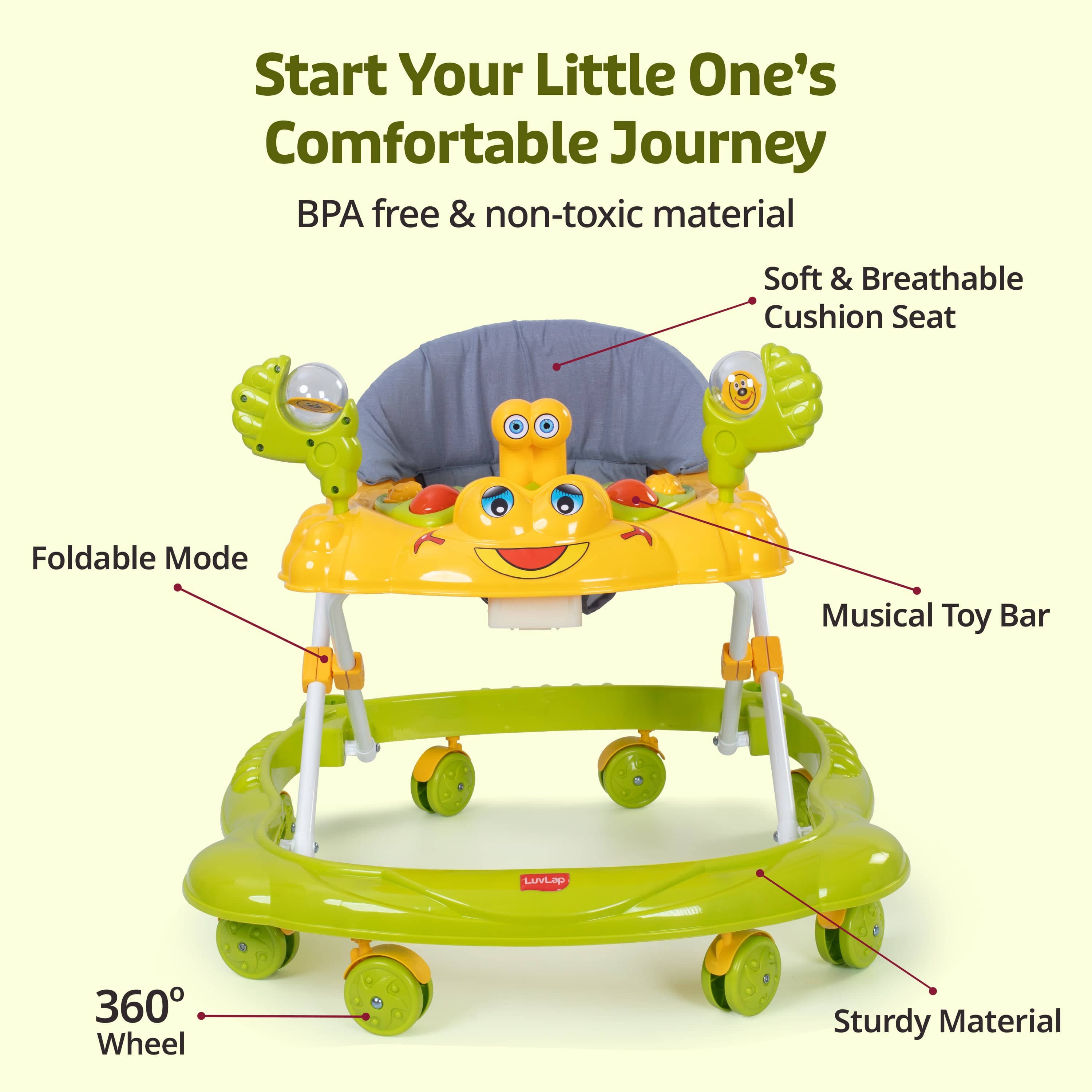LuvLap Starshine Baby Walker 9+ Months | 3 Level Height Adjustment Walker/Advanced Baby Activity Walker, Green