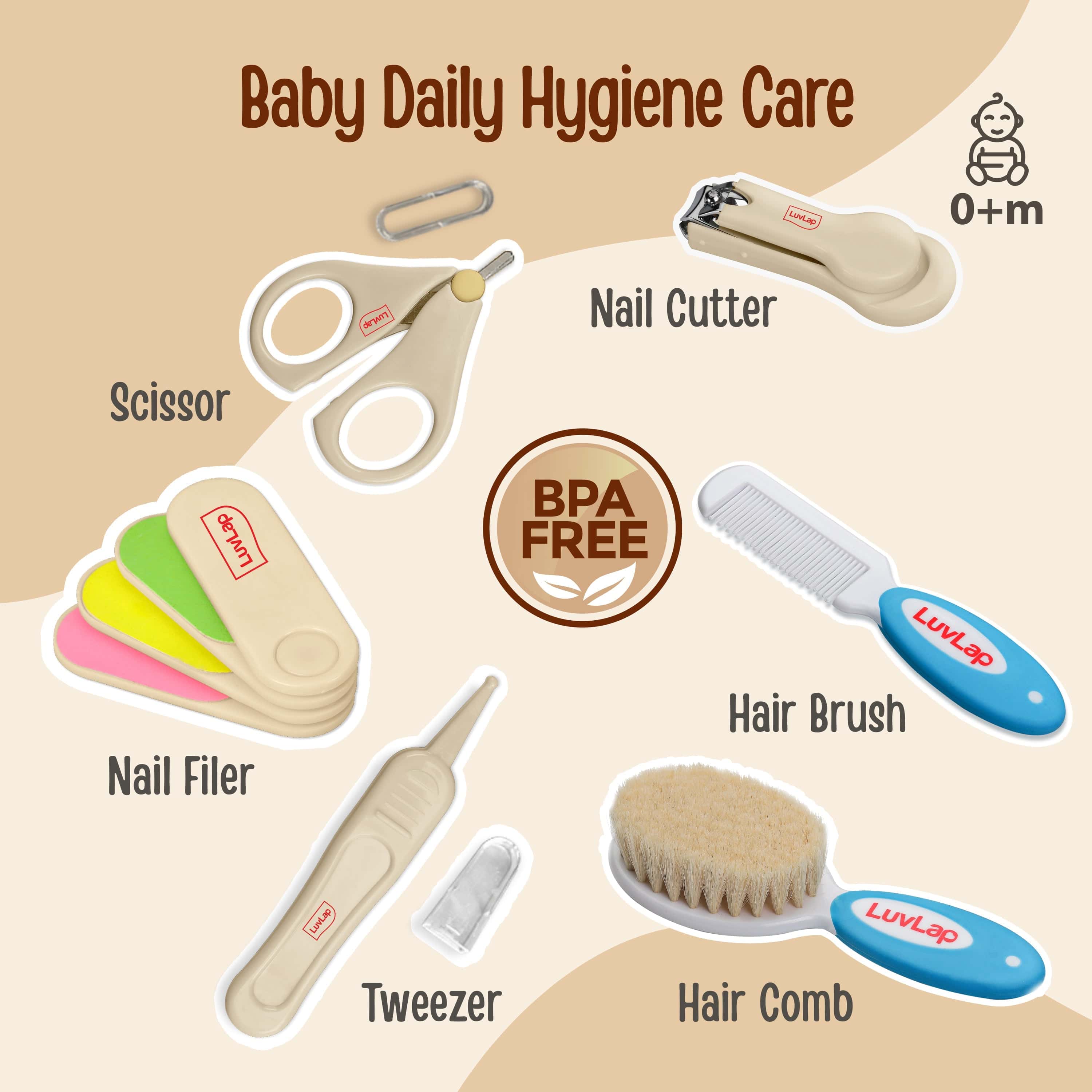 LuvLap Baby Nail & Hair Grooming Set, Contains 4pcs Nail Grooming Kit & Hair Grooming Natural, Baby Comb & Brush Set with Soft bristles, Baby Nail Cutter, New Born Grooming Kit, 0m+