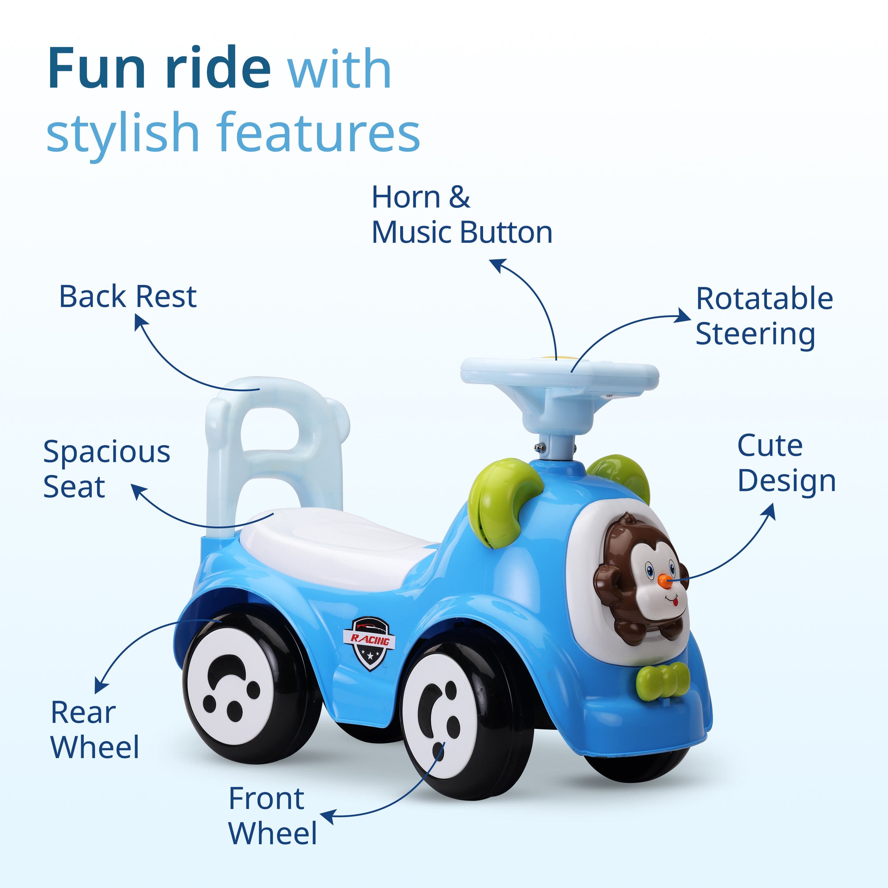 LuvLap Sunny Ride on & Car for Kids with Music & Horn Steering, Push Car for Baby with Backrest, Safety Guard, Under Seat Storage & Big Wheels, Ride on for Kids 1 to 3 Years Upto 25 Kgs (Blue)