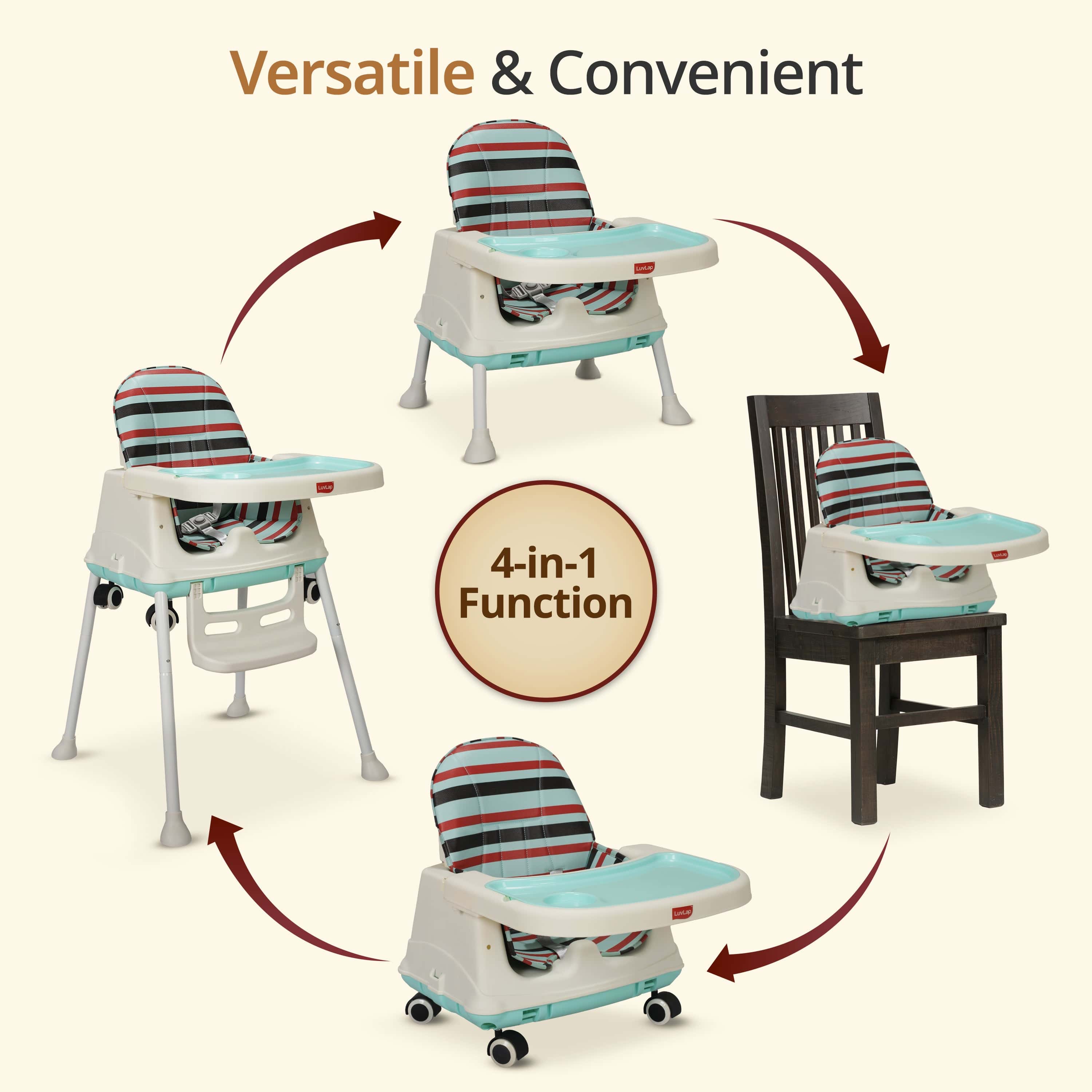 luvlap 4In1 High Chair For Baby/Kids, Toddler Feeding Booster Seat With Wheels, 3 Height Adjustments, With Cushion, 6 Month To 3 Years, Portable (Blue)