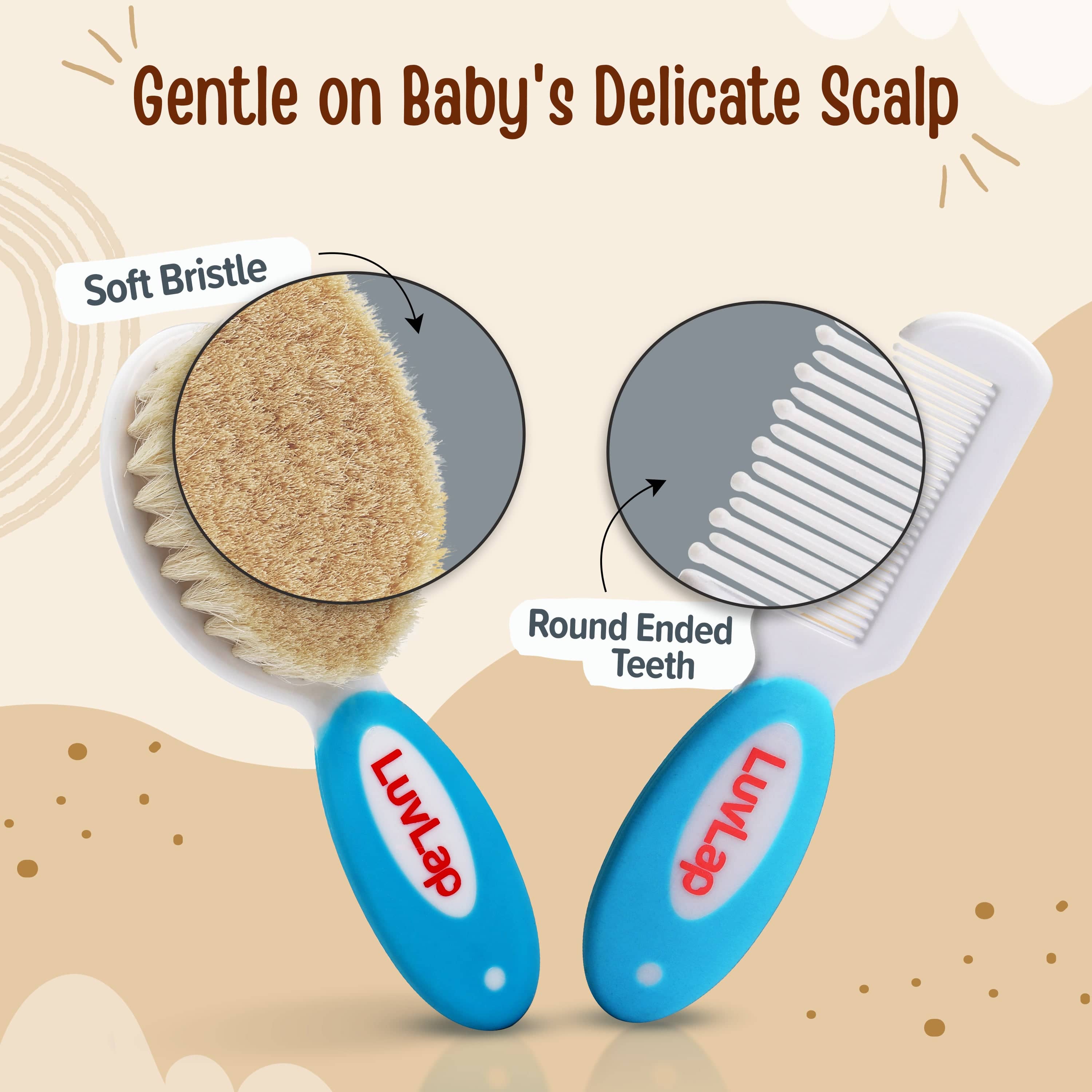 LuvLap Baby Nail & Hair Grooming Set, Contains 4pcs Nail Grooming Kit & Hair Grooming Natural, Baby Comb & Brush Set with Soft bristles, Baby Nail Cutter, New Born Grooming Kit, 0m+