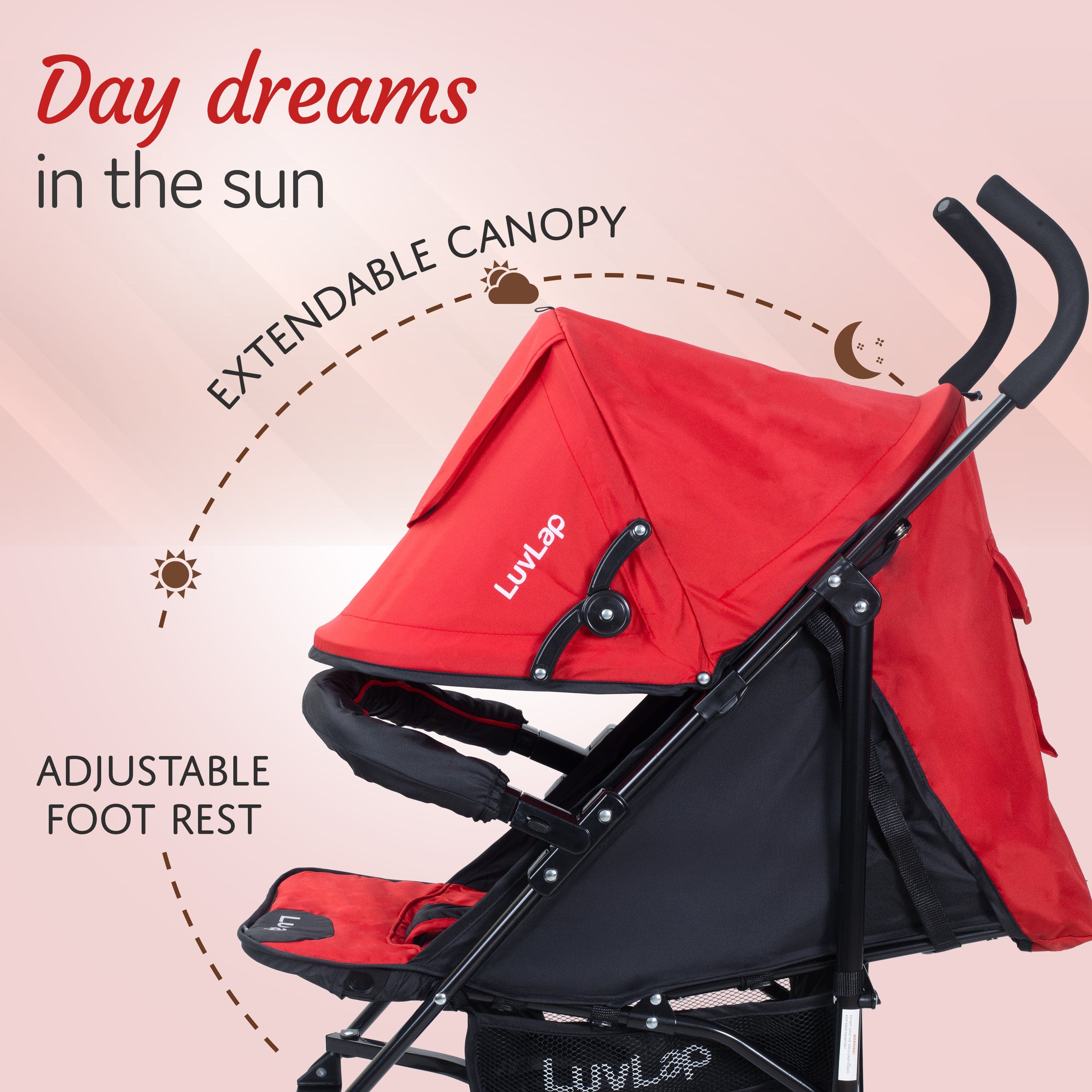 luvlap City Baby Stroller/Buggy, Lightweight, Compact & Travel Friendly pram, for 6-36 Months Baby, 5 Point Safety Harness, Adjustable seat Recline, extendable Canopy, 15Kg Capacity (Red)