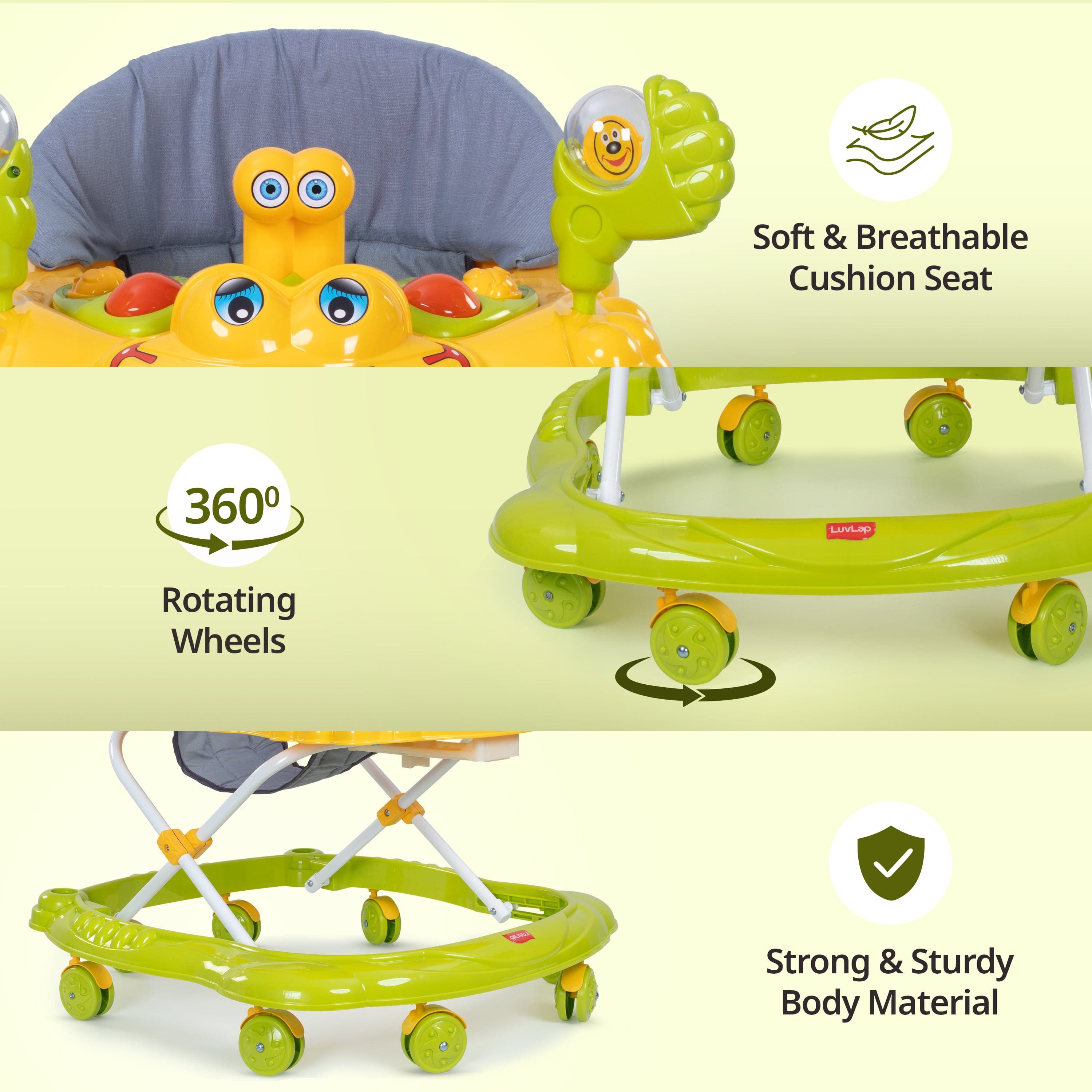 LuvLap Starshine Baby Walker 9+ Months | 3 Level Height Adjustment Walker/Advanced Baby Activity Walker, Green
