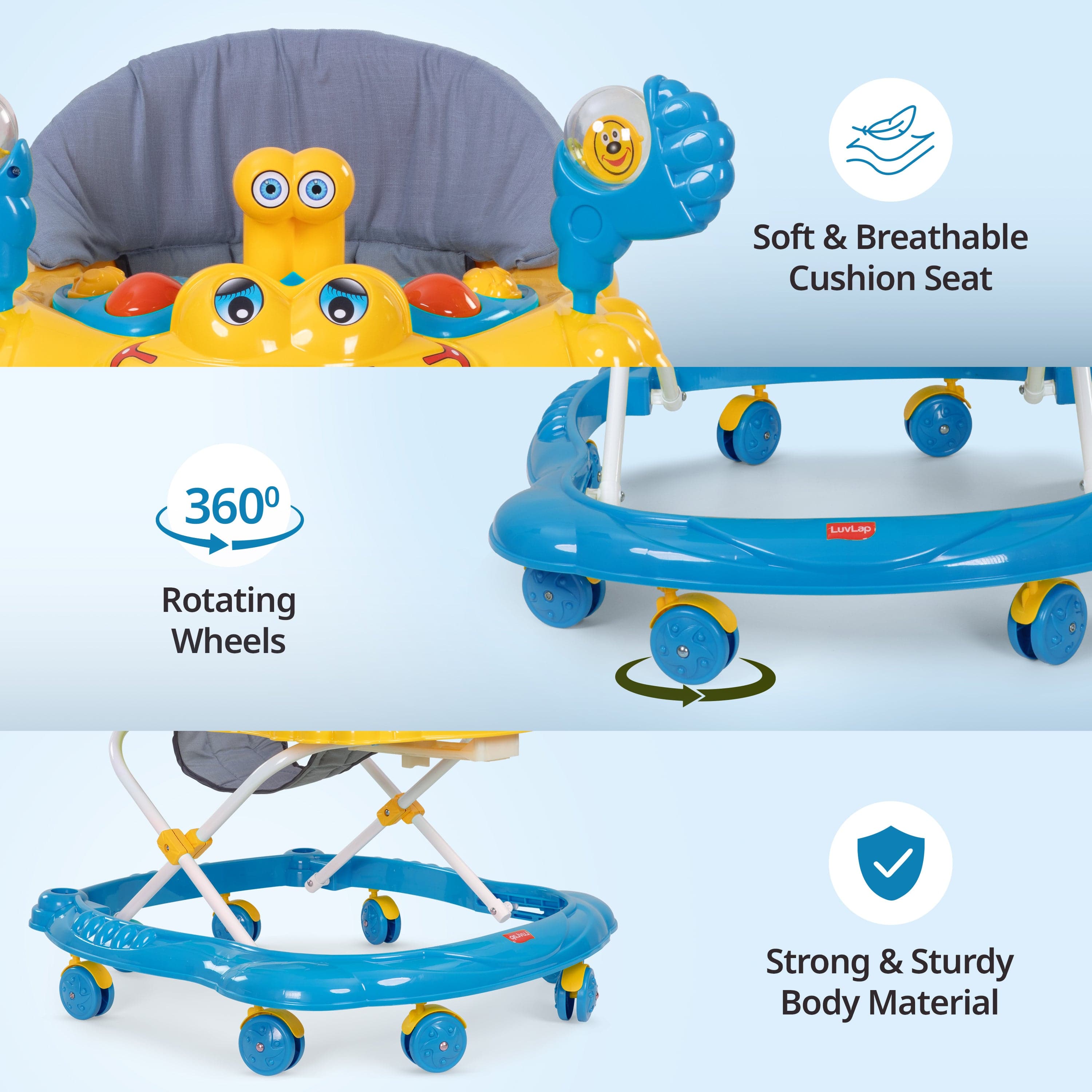 LuvLap Starshine Baby Walker 9+ Months | 3 Level Height Adjustment Walker/Advanced Baby Activity Walker, Blue