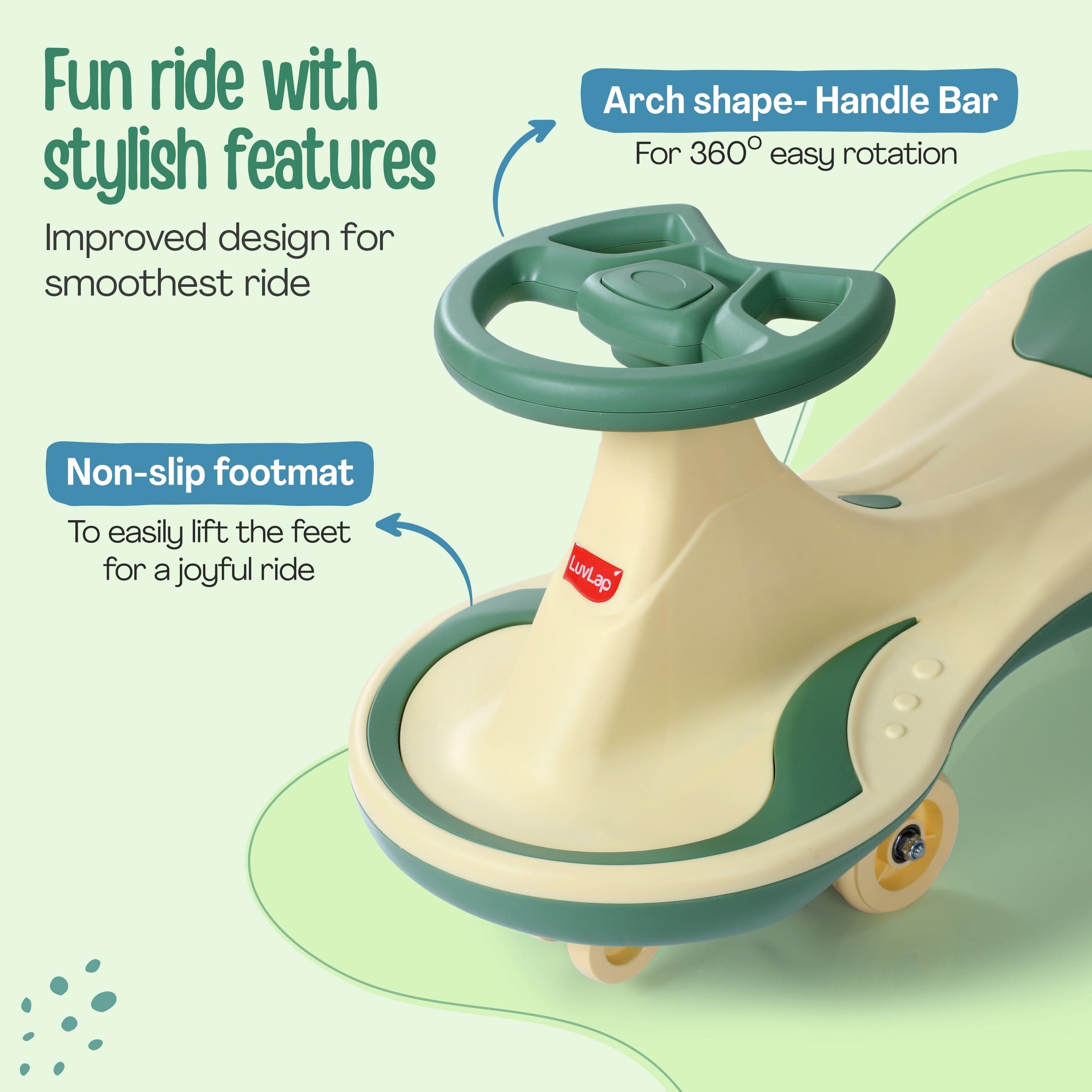 LuvLap Sunny Swing Car, Kids Push Car, Magic Car for Kids, Comfortable Seats & Durable, Ride On Magic Car for 3+ Years Baby Boy & Girl, Beige & Green