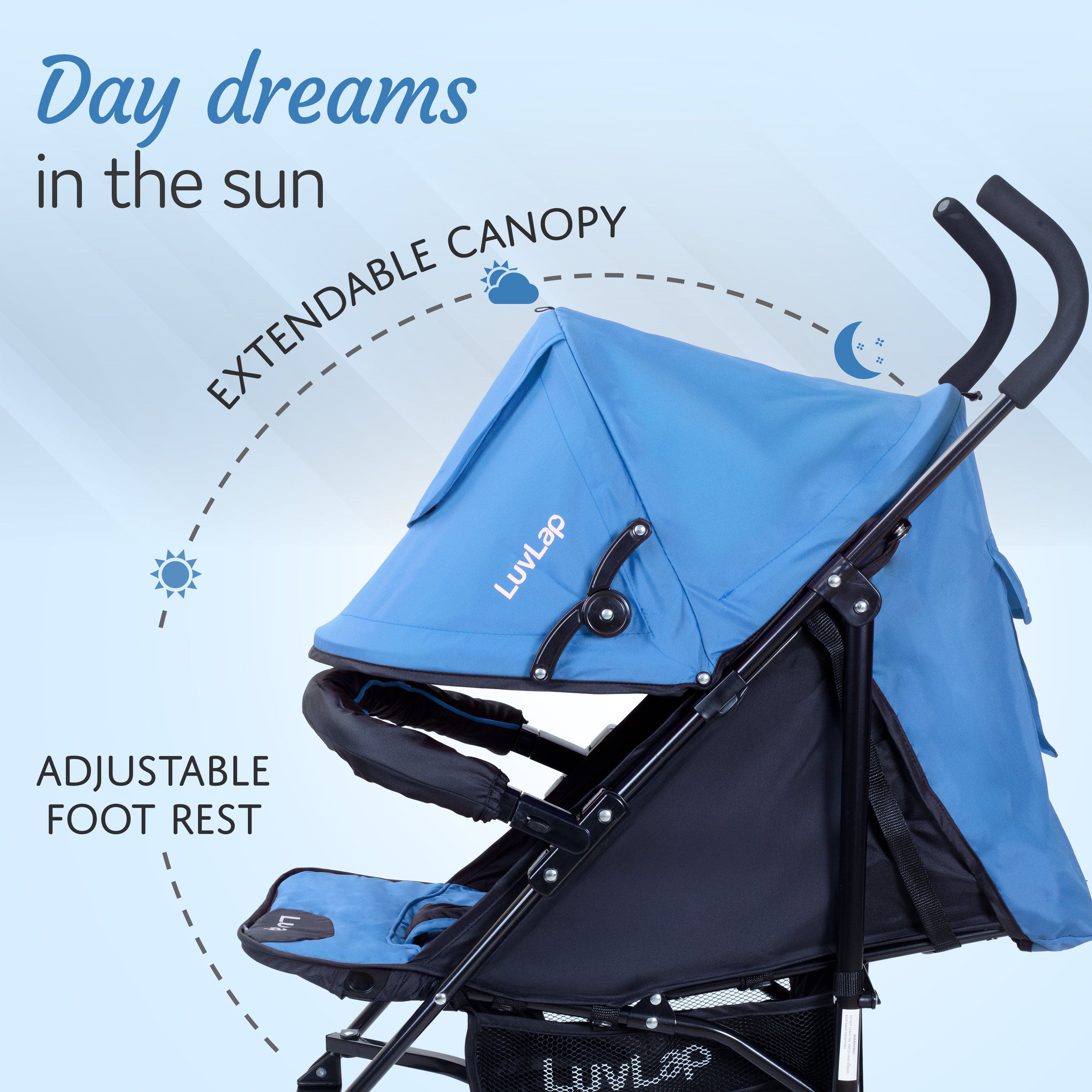 luvlap City Baby Stroller/Buggy, Lightweight, Compact & Travel Friendly Baby pram, for 6-36 Months Baby, 5 Point Safety Harness, Adjustable seat Recline, extendable Canopy, 15Kg Capacity (Blue)