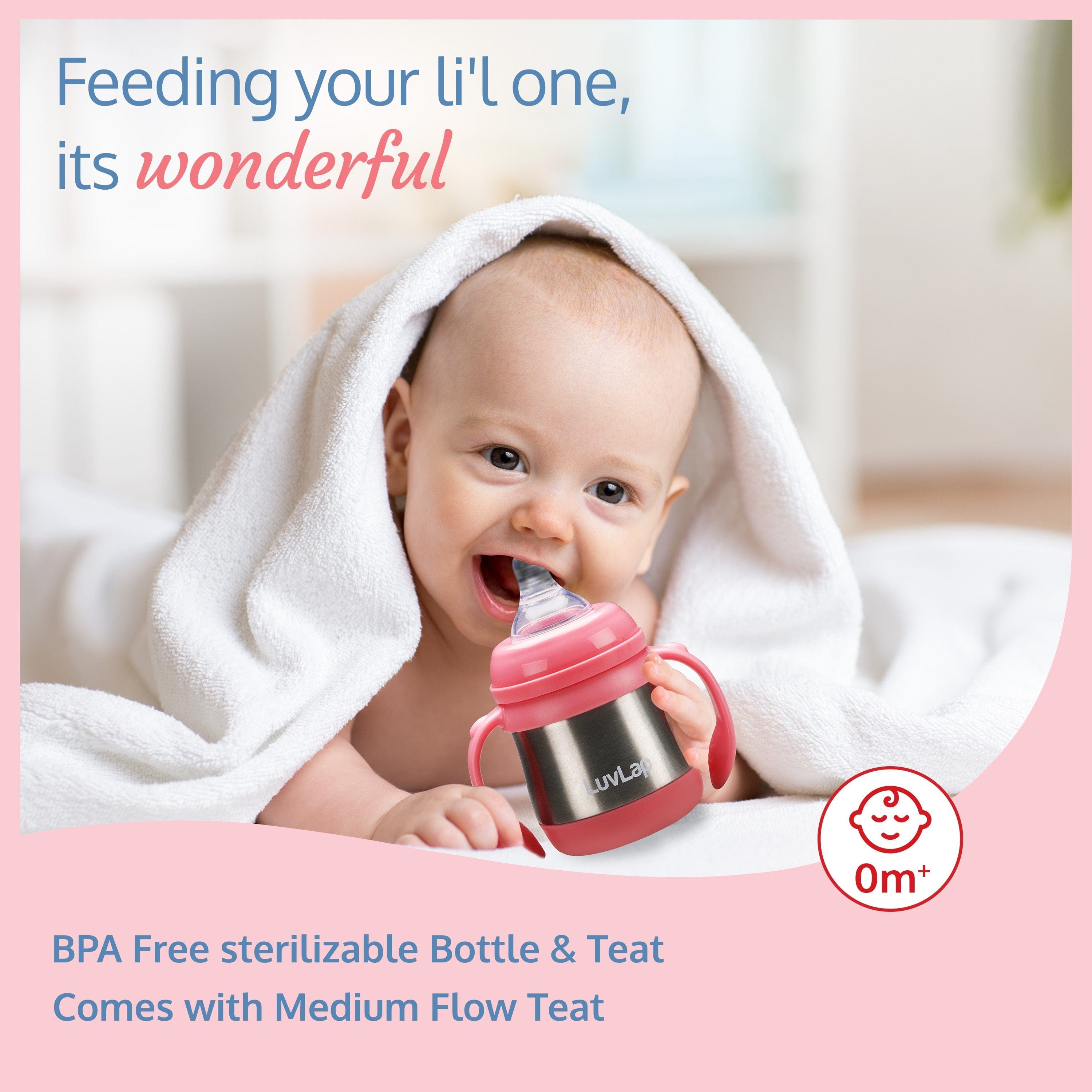 LuvLap Steel Feeding Bottle, Pink, 240 Ml