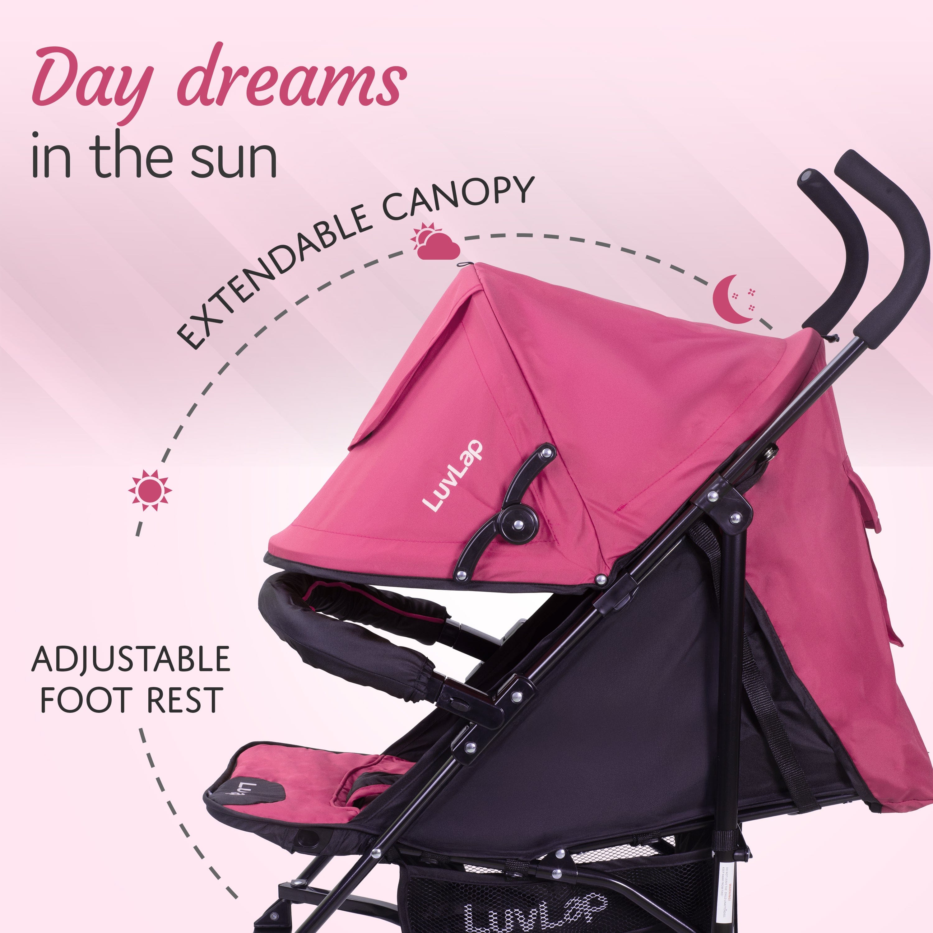 luvlap City Baby Stroller/Buggy, Lightweight, Compact & Travel Friendly Baby pram, for 6-36 Months Baby, 5 Point Safety Harness, Adjustable seat Recline, extendable Canopy, 15Kg Capacity (Pink)