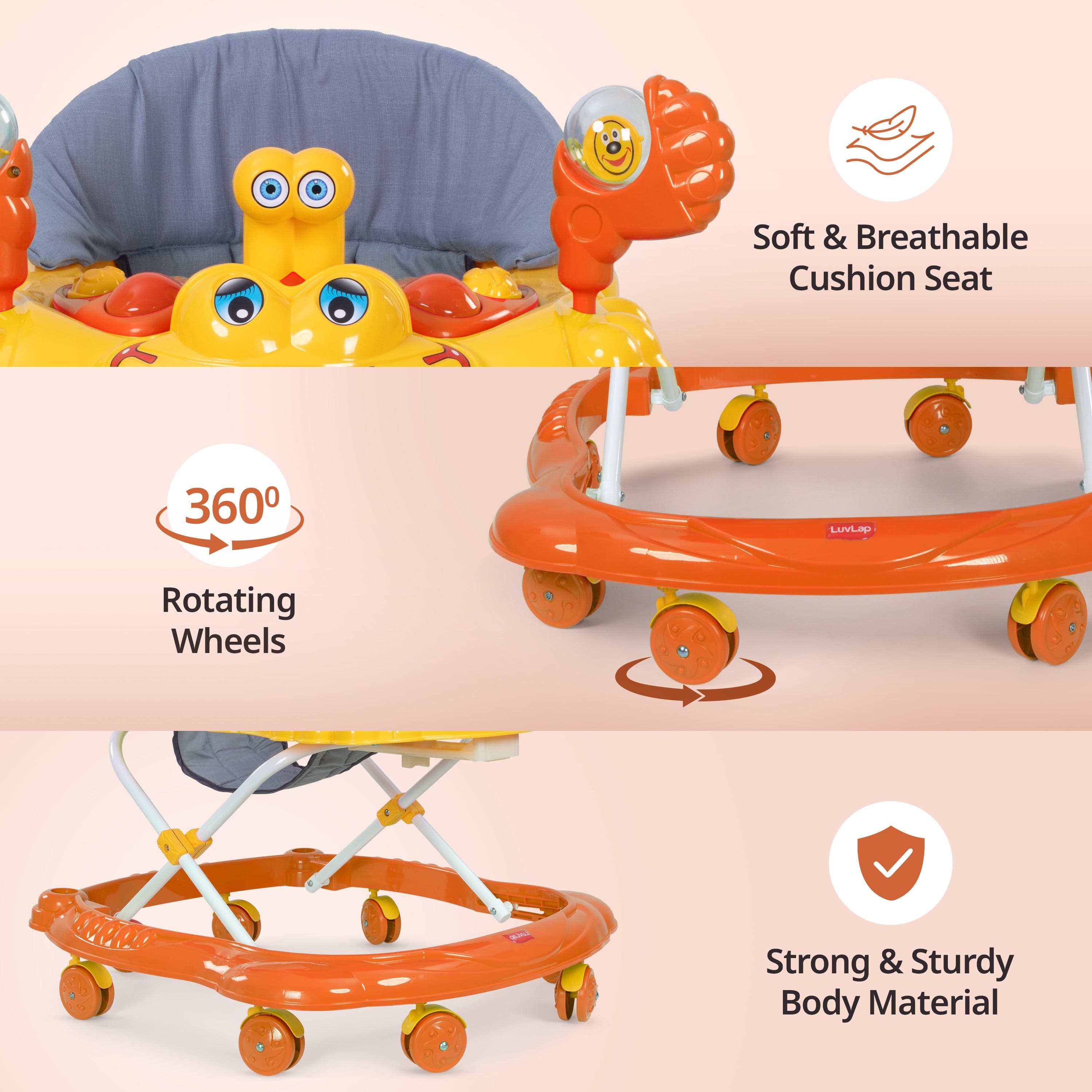 LuvLap Starshine Baby Walker 9+ Months | 3 Level Height Adjustment Walker/Advanced Baby Activity Walker, Orange