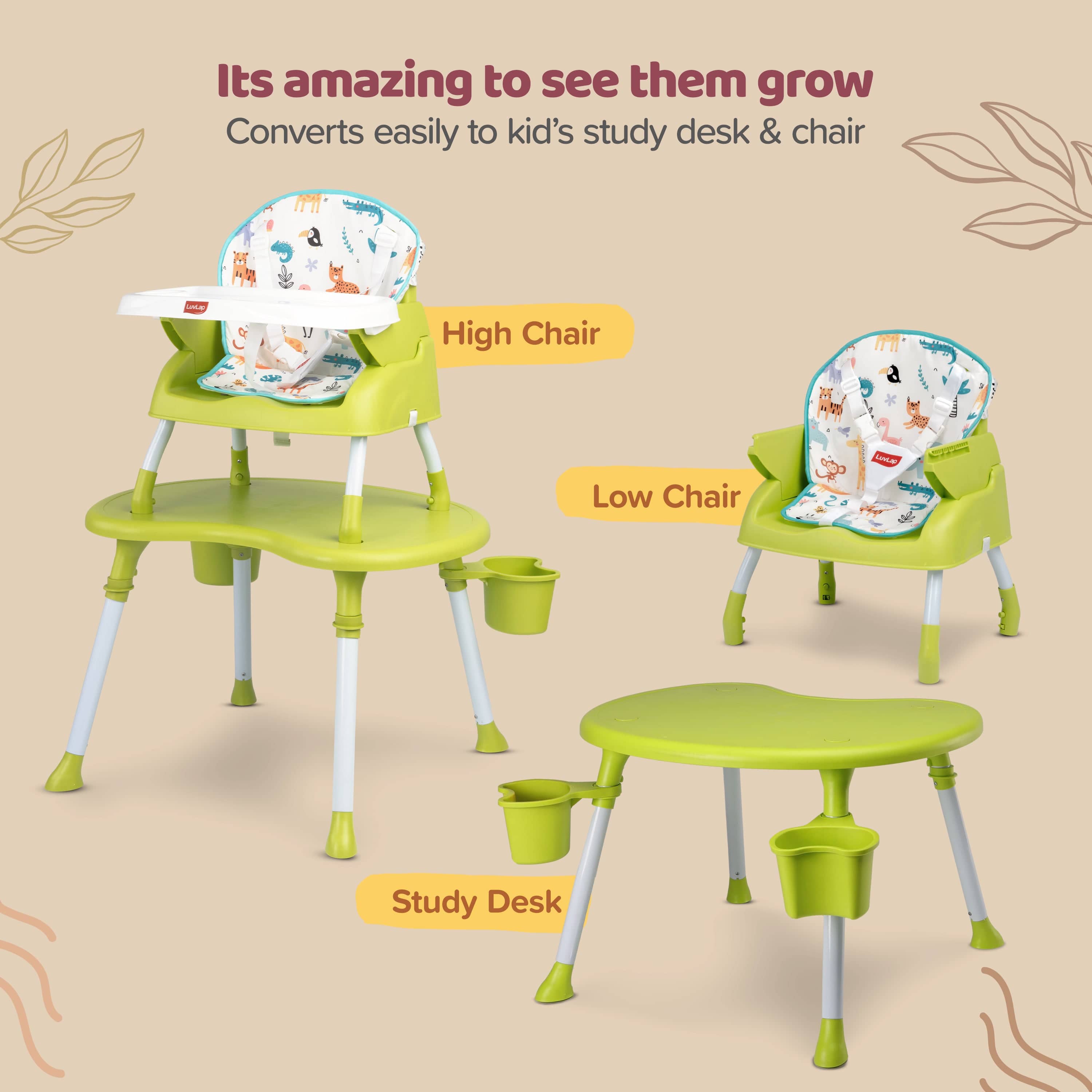 luvlap 4 in 1 Convertible Baby High Chair with Printed Cushion, 3 Point Safety Belts, High Chair, Low Chair, Booster Chair and Table for Baby, Removable & Washable Food Tray 6 Months+, Green