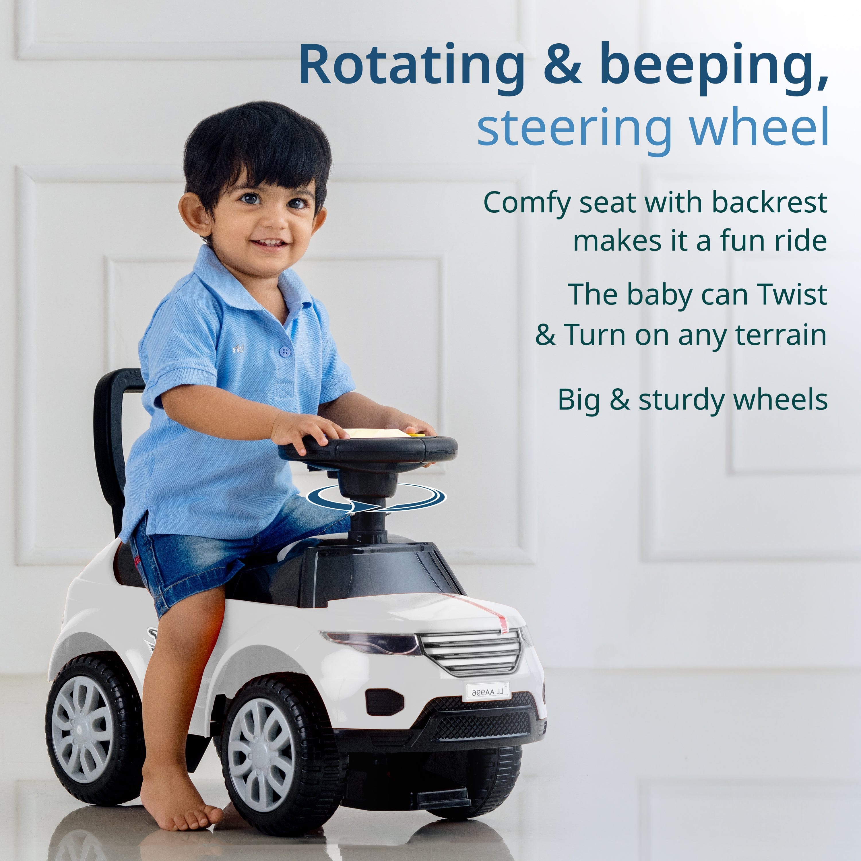 LuvLap Starlight Ride on & Car for Kids with Music & Horn Steering, Push Car for Baby with Backrest, Safety Guard, Under Seat Storage & Big Wheels, Ride on for Kids 1 to 3 Years Upto 25 Kgs (White)