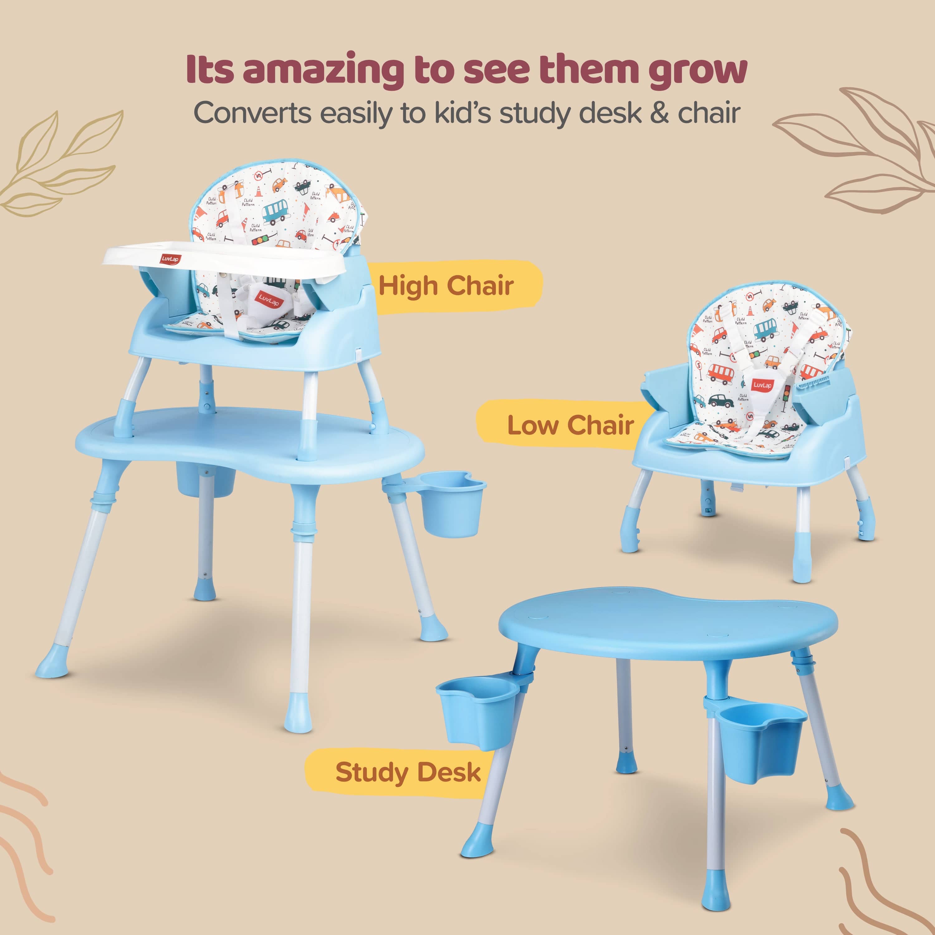 LuvLap 4 in 1 Convertible Baby High Chair with 3 Point Safety Belts, High Chair, Low Chair, Booster Chair and Table for Baby, Removable & Washable Food Tray 6 Months+ (Blue)