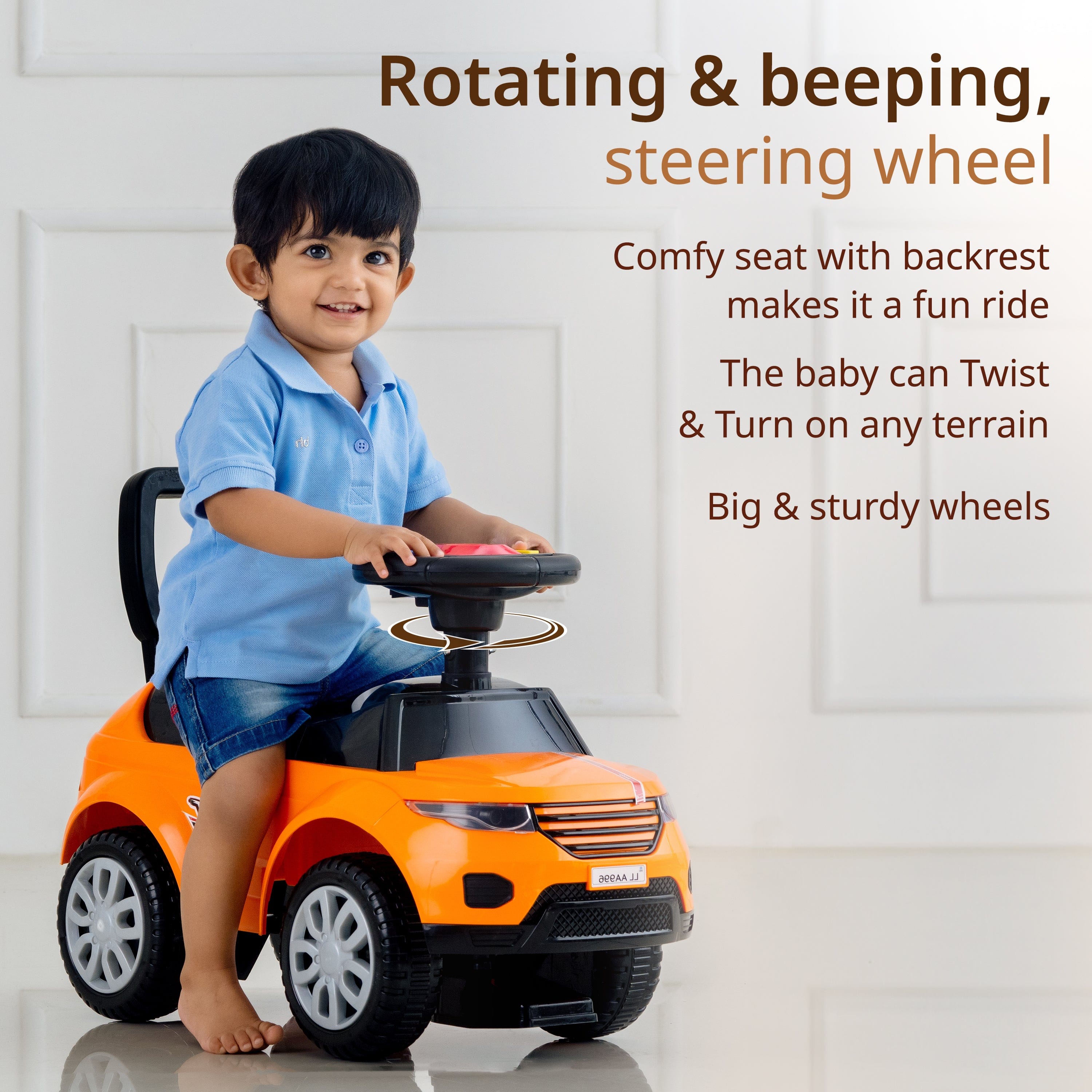 LuvLap Starlight Ride on & Car for Kids with Music & Horn Steering, Push Car for Baby with Backrest, Safety Guard, Under Seat Storage & Big Wheels, Ride on for Kids 1 to 3 Years Upto 25 Kgs (Orange)