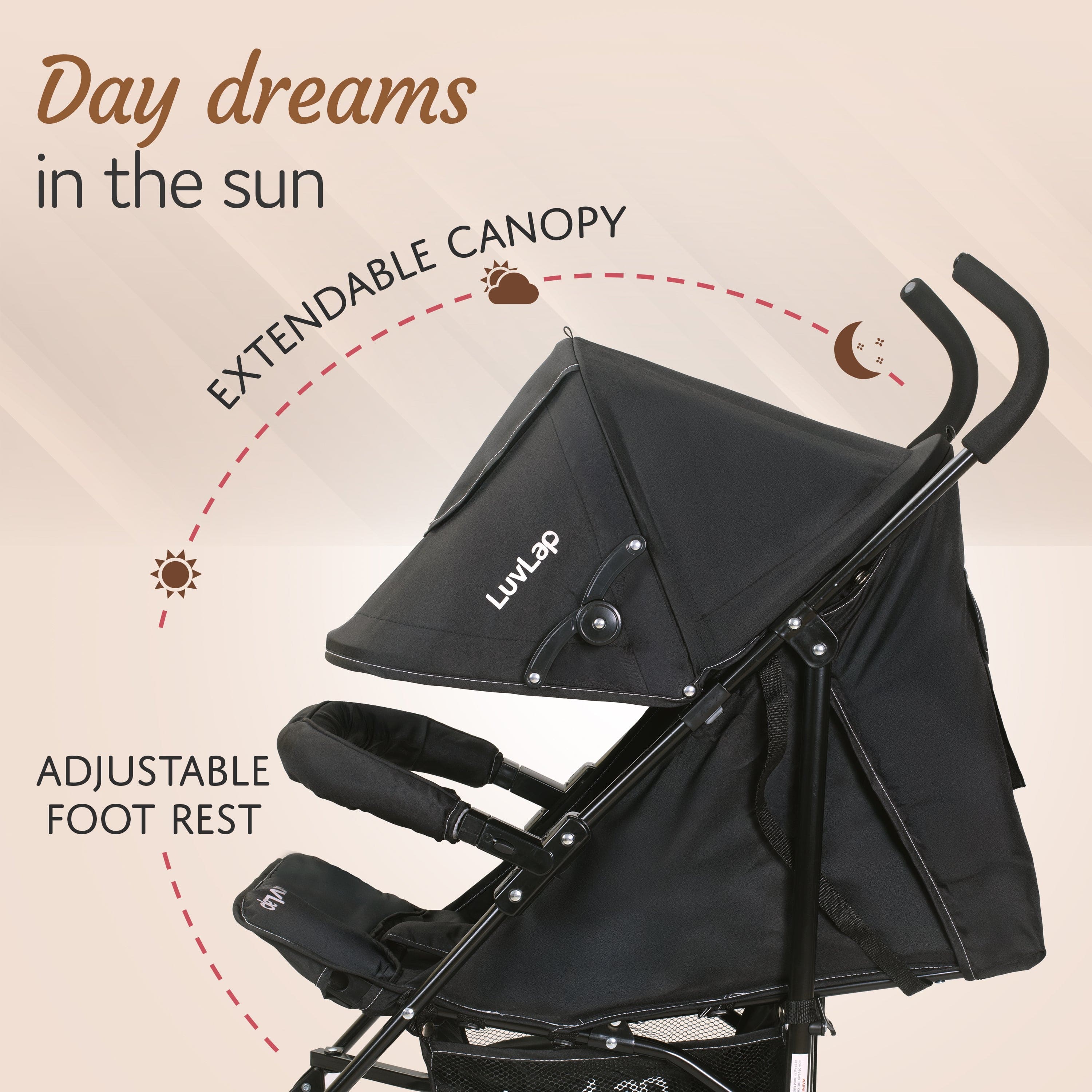 luvlap City Baby Stroller/Buggy, Lightweight, Compact & Travel Friendly Baby pram, for 6-36 Months Baby, 5 Point Safety Harness, Adjustable seat Recline, extendable Canopy, 15Kg Capacity (Black)