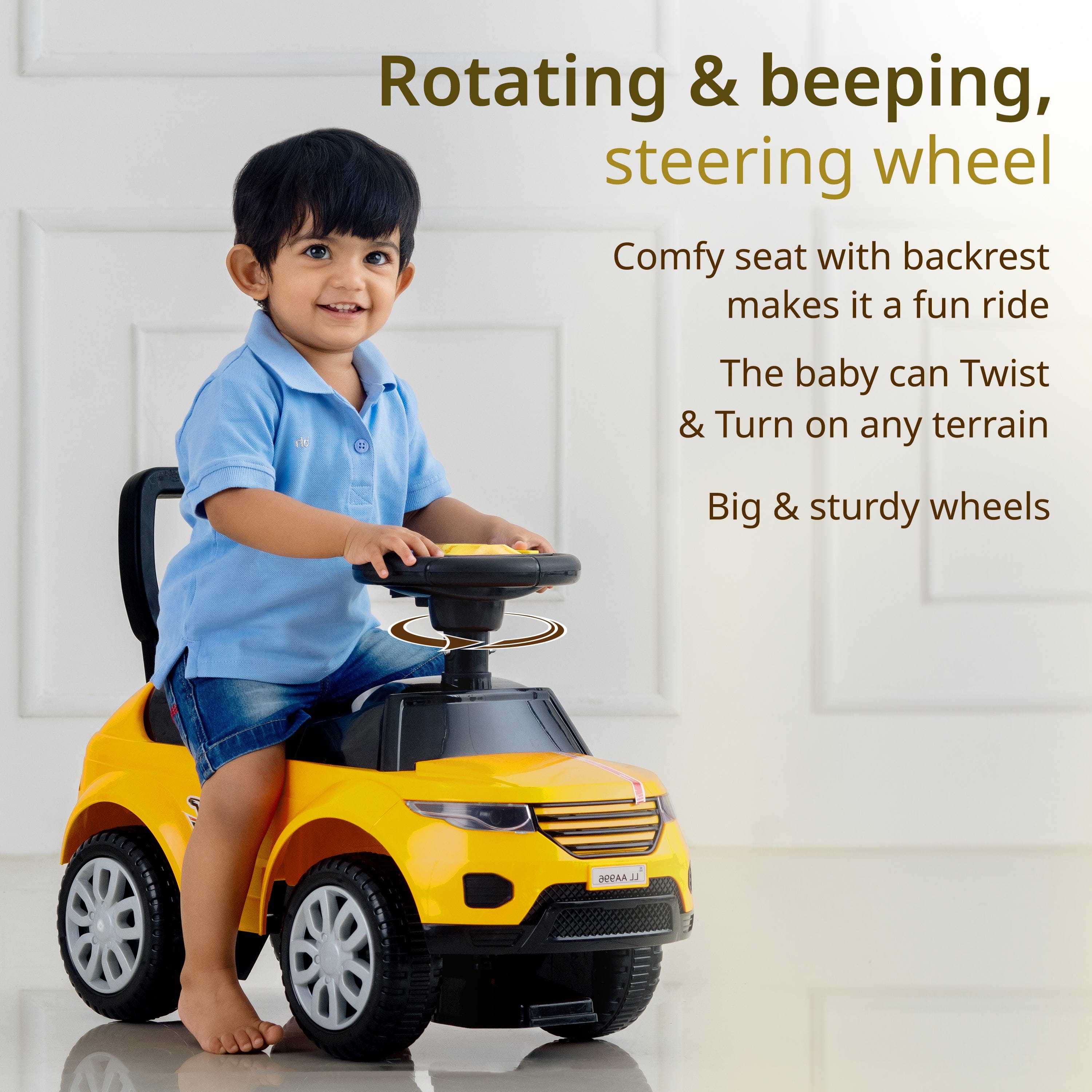 LuvLap Starlight Ride on & Car for Kids with Music & Horn Steering, Push Car for Baby with Backrest, Safety Guard, Under Seat Storage & Big Wheels, Ride on for Kids 1 to 3 Years Upto 25 Kgs (Yellow)