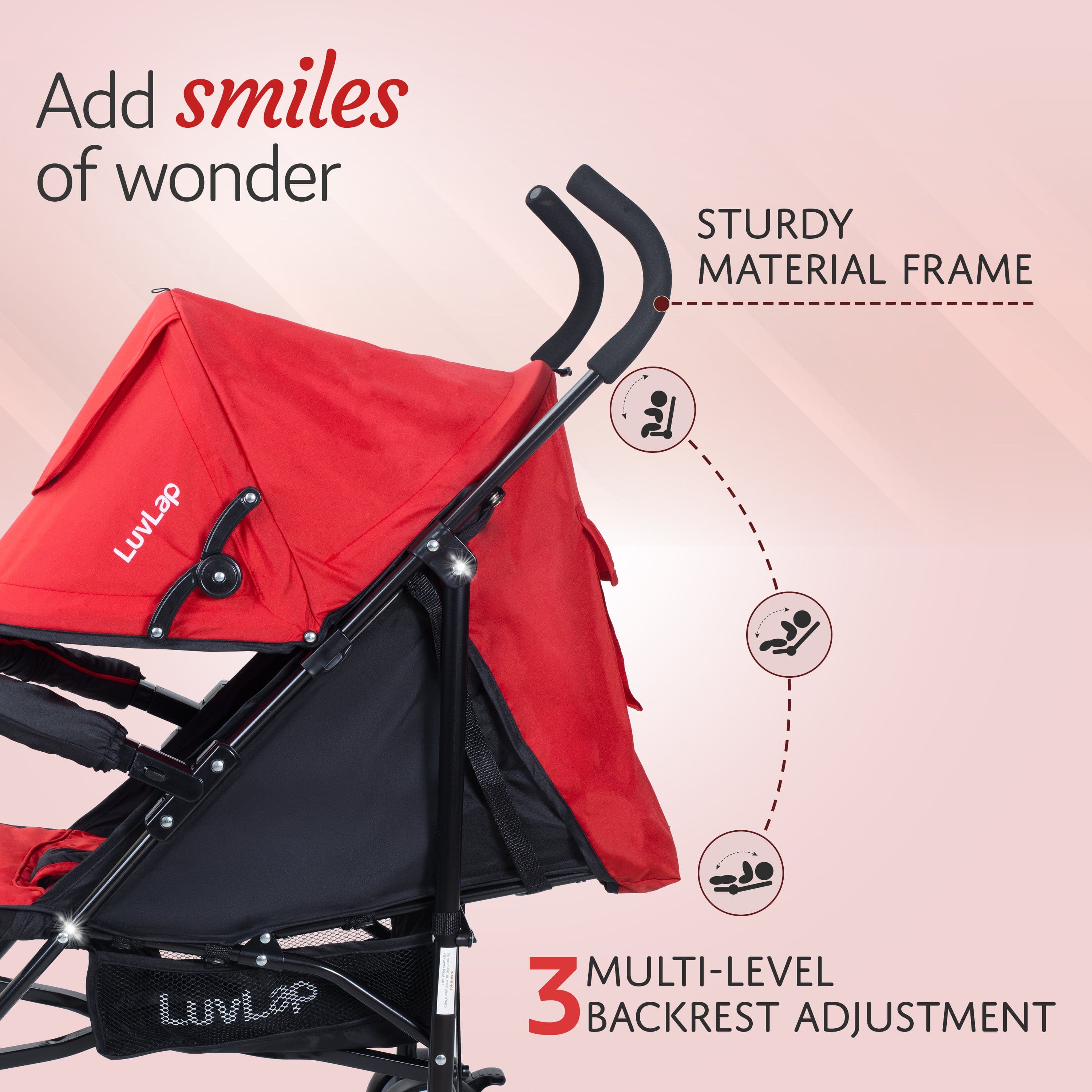 luvlap City Baby Stroller/Buggy, Lightweight, Compact & Travel Friendly pram, for 6-36 Months Baby, 5 Point Safety Harness, Adjustable seat Recline, extendable Canopy, 15Kg Capacity (Red)