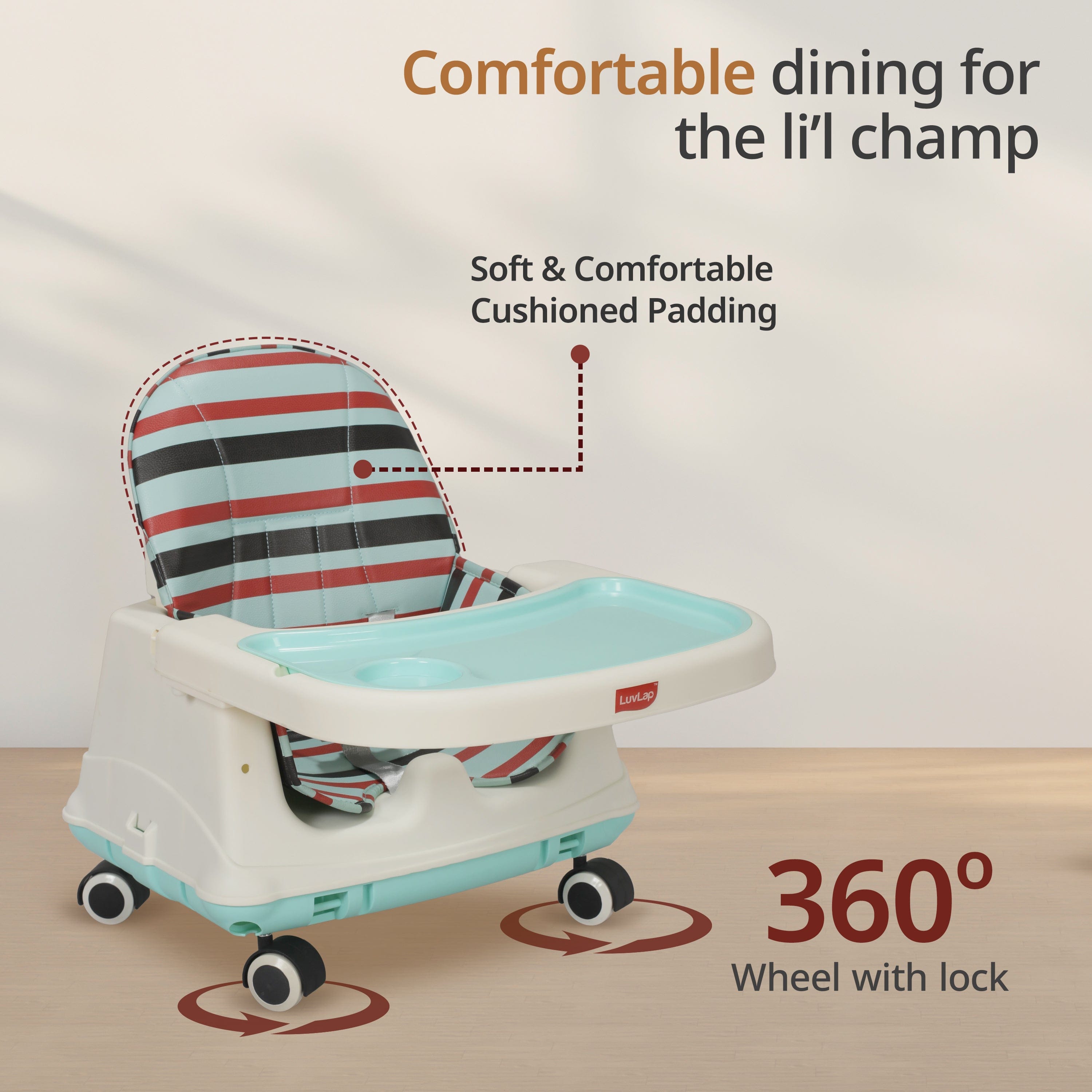 luvlap 4In1 High Chair For Baby/Kids, Toddler Feeding Booster Seat With Wheels, 3 Height Adjustments, With Cushion, 6 Month To 3 Years, Portable (Blue)