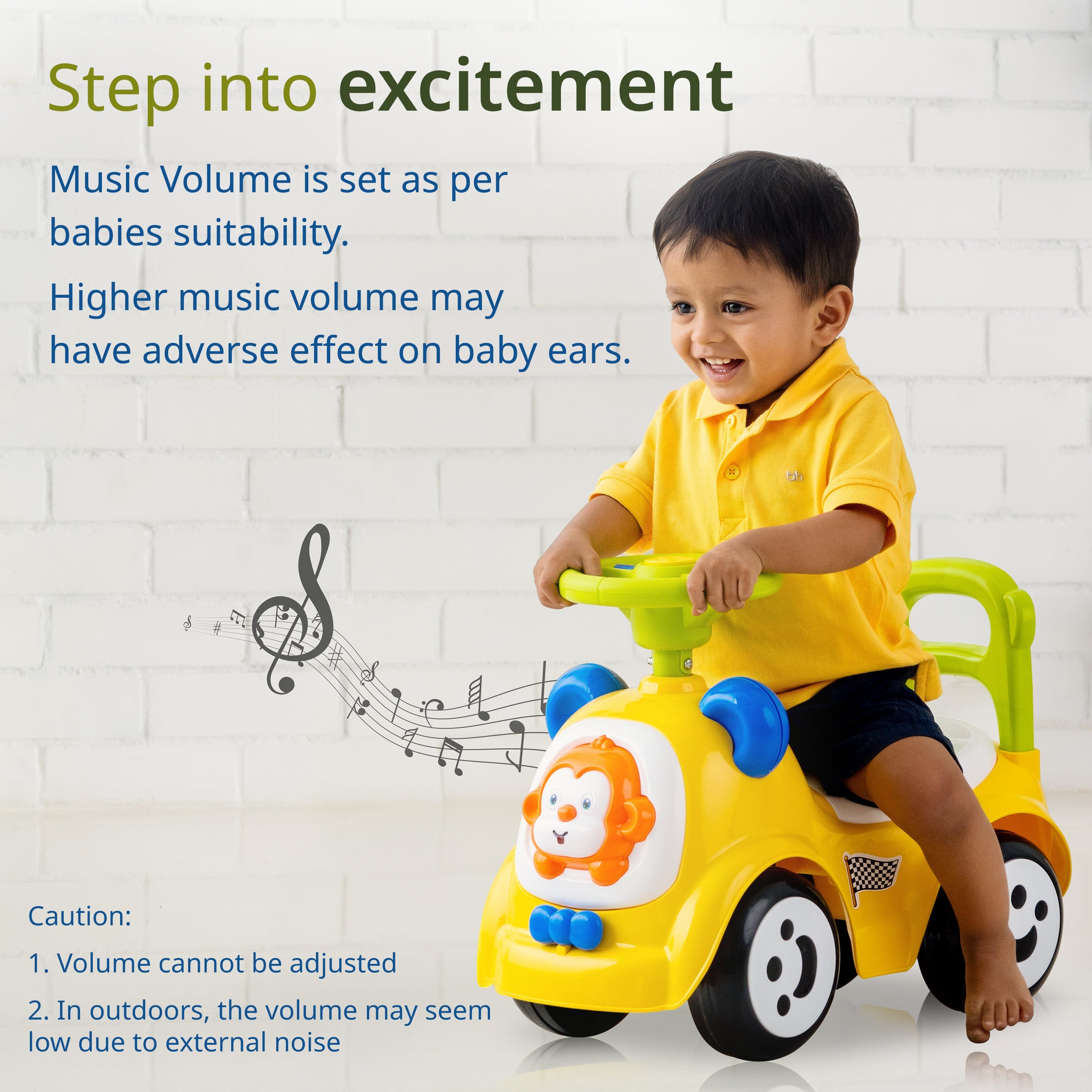 LuvLap Sunny Ride on & Car for Kids with Music & Horn Steering, Push Car for Baby with Backrest, Safety Guard, Under Seat Storage & Big Wheels, Ride on for Kids 1 to 3 Years Upto 25 Kgs (Yellow)