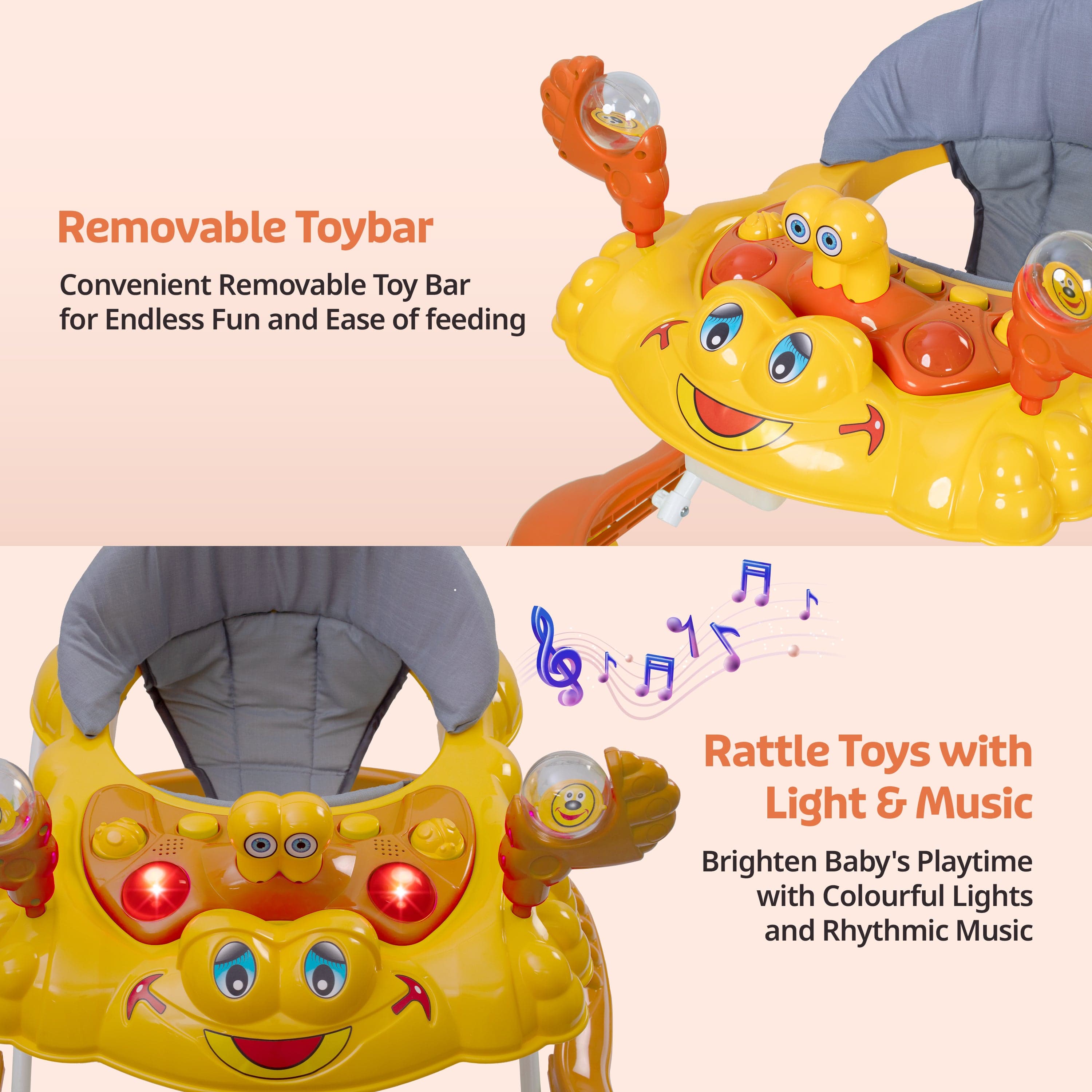 LuvLap Starshine Baby Walker 9+ Months | 3 Level Height Adjustment Walker/Advanced Baby Activity Walker, Orange
