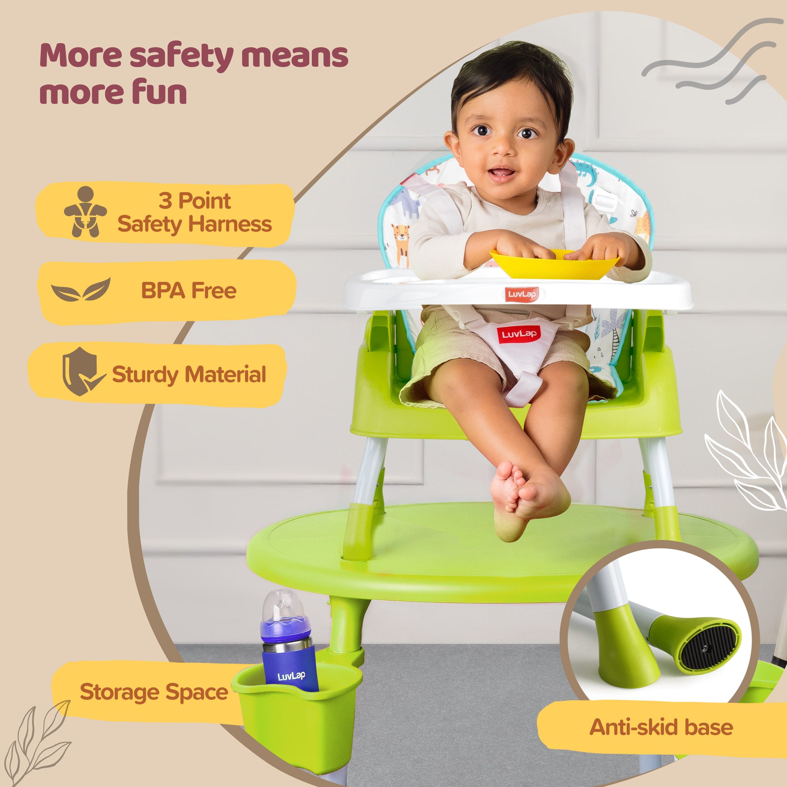 luvlap 4 in 1 Convertible Baby High Chair with Printed Cushion, 3 Point Safety Belts, High Chair, Low Chair, Booster Chair and Table for Baby, Removable & Washable Food Tray 6 Months+, Green