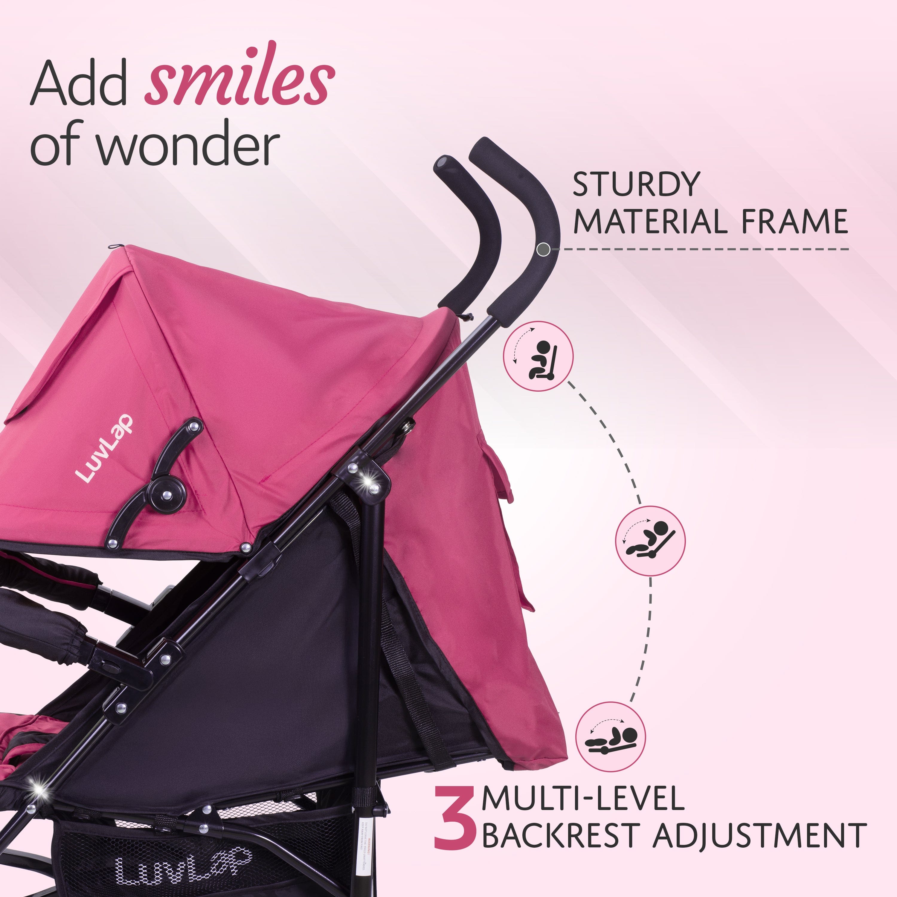 luvlap City Baby Stroller/Buggy, Lightweight, Compact & Travel Friendly Baby pram, for 6-36 Months Baby, 5 Point Safety Harness, Adjustable seat Recline, extendable Canopy, 15Kg Capacity (Pink)