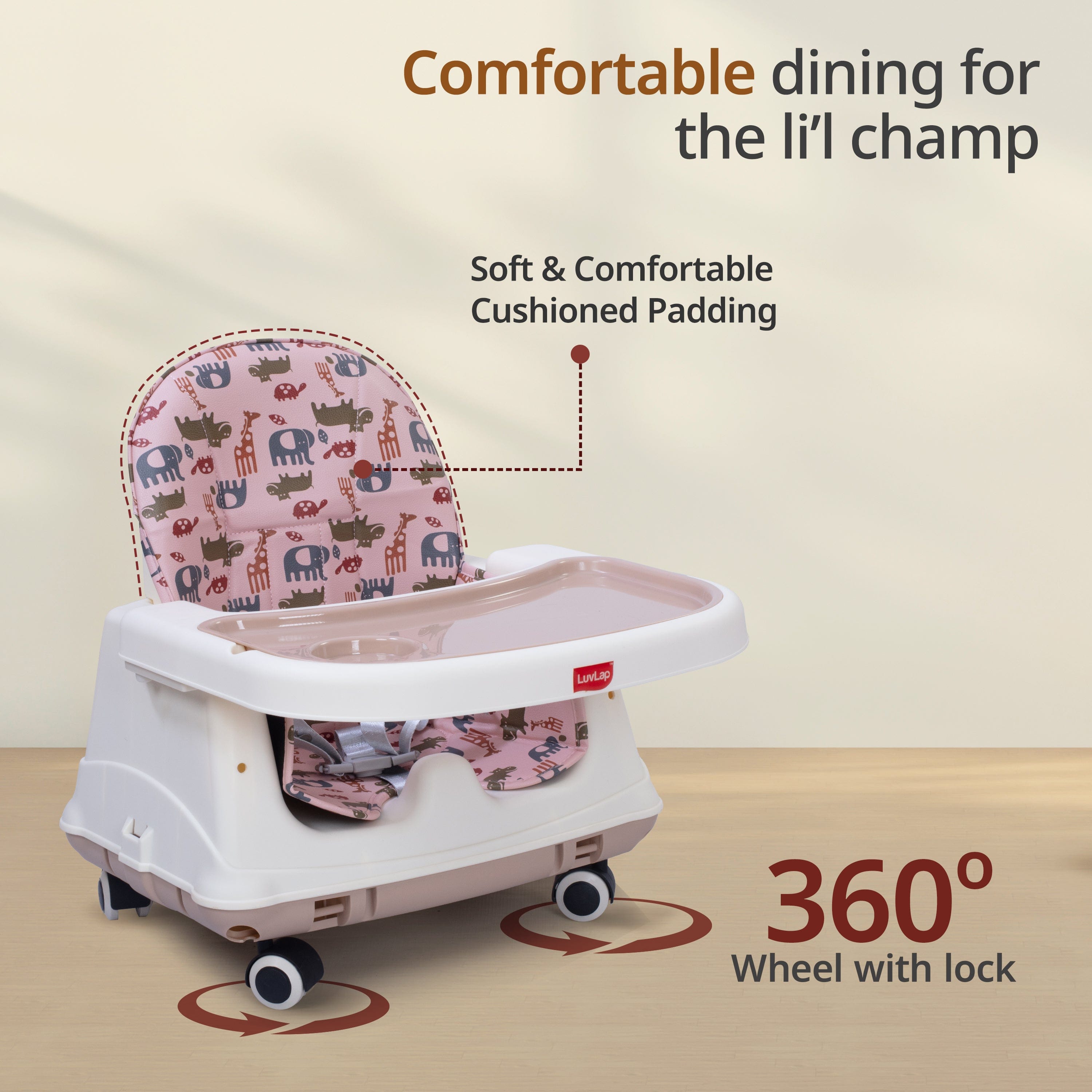 LuvLap High Chair for Baby/Kids, Toddler Feeding Booster Seat with Wheels, 3 Height adjustments, With Cushion, 6 month to 3 years, Portable (Pink)