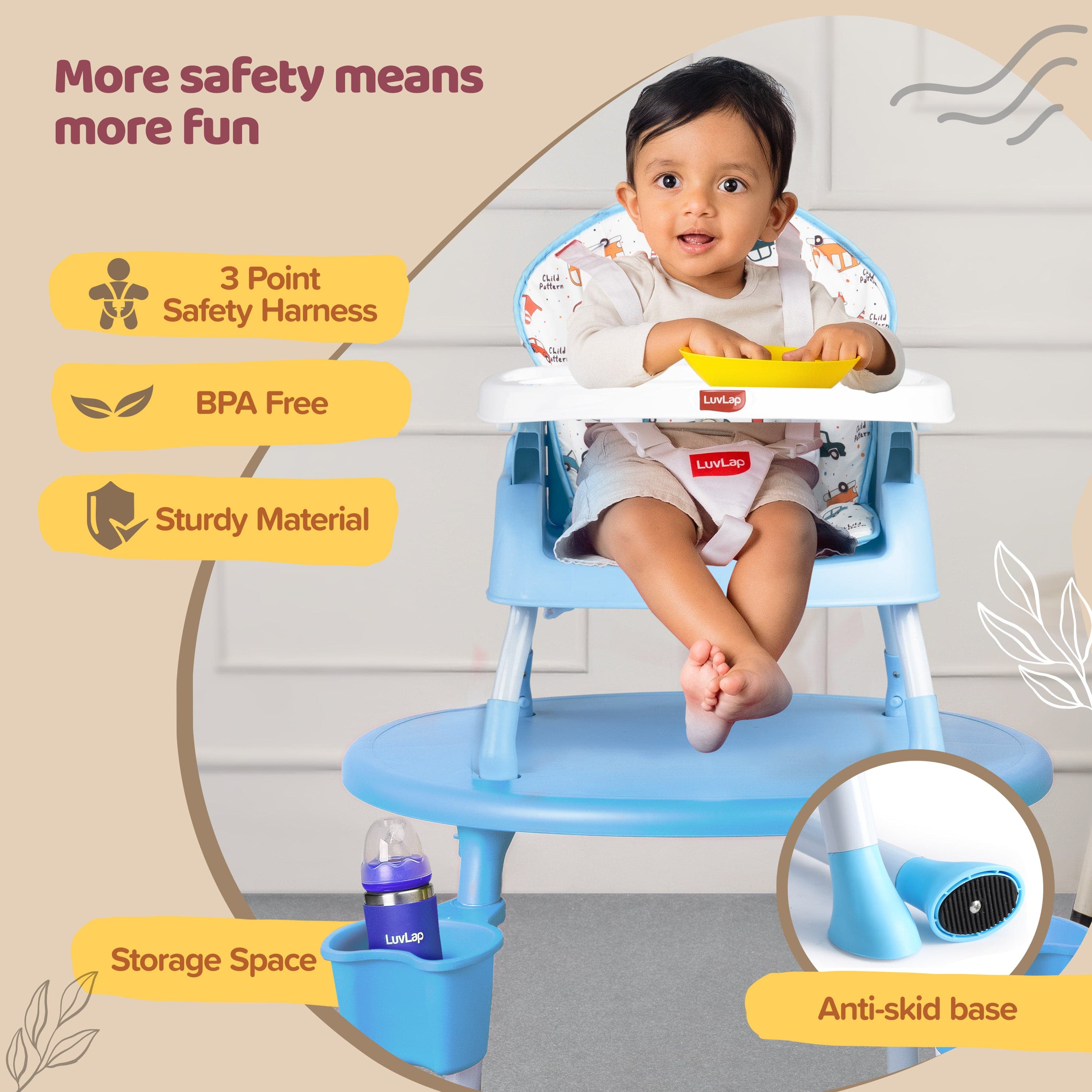 LuvLap 4 in 1 Convertible Baby High Chair with 3 Point Safety Belts, High Chair, Low Chair, Booster Chair and Table for Baby, Removable & Washable Food Tray 6 Months+ (Blue)