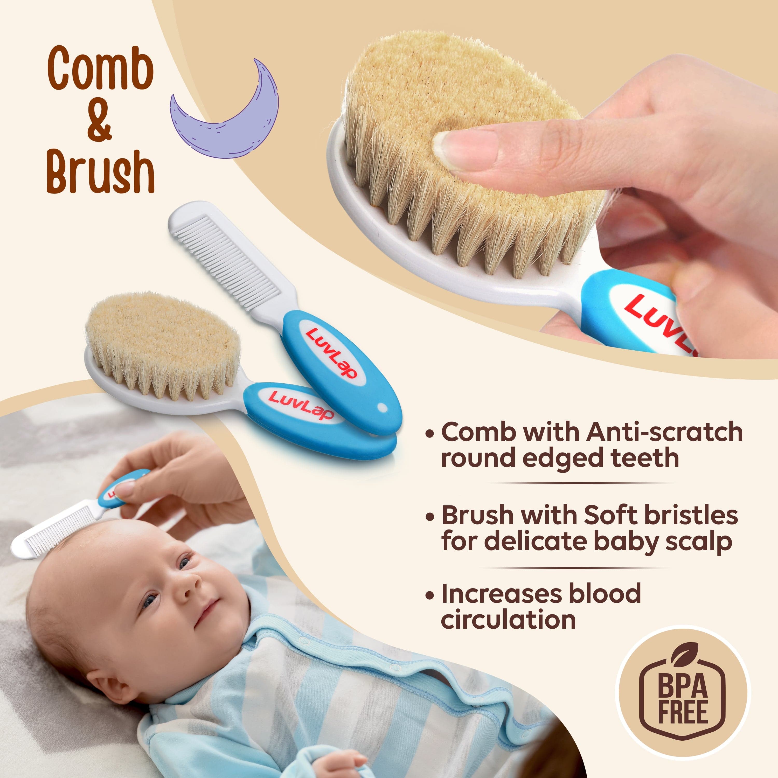 LuvLap Baby Nail & Hair Grooming Set, Contains 4pcs Nail Grooming Kit & Hair Grooming Natural, Baby Comb & Brush Set with Soft bristles, Baby Nail Cutter, New Born Grooming Kit, 0m+