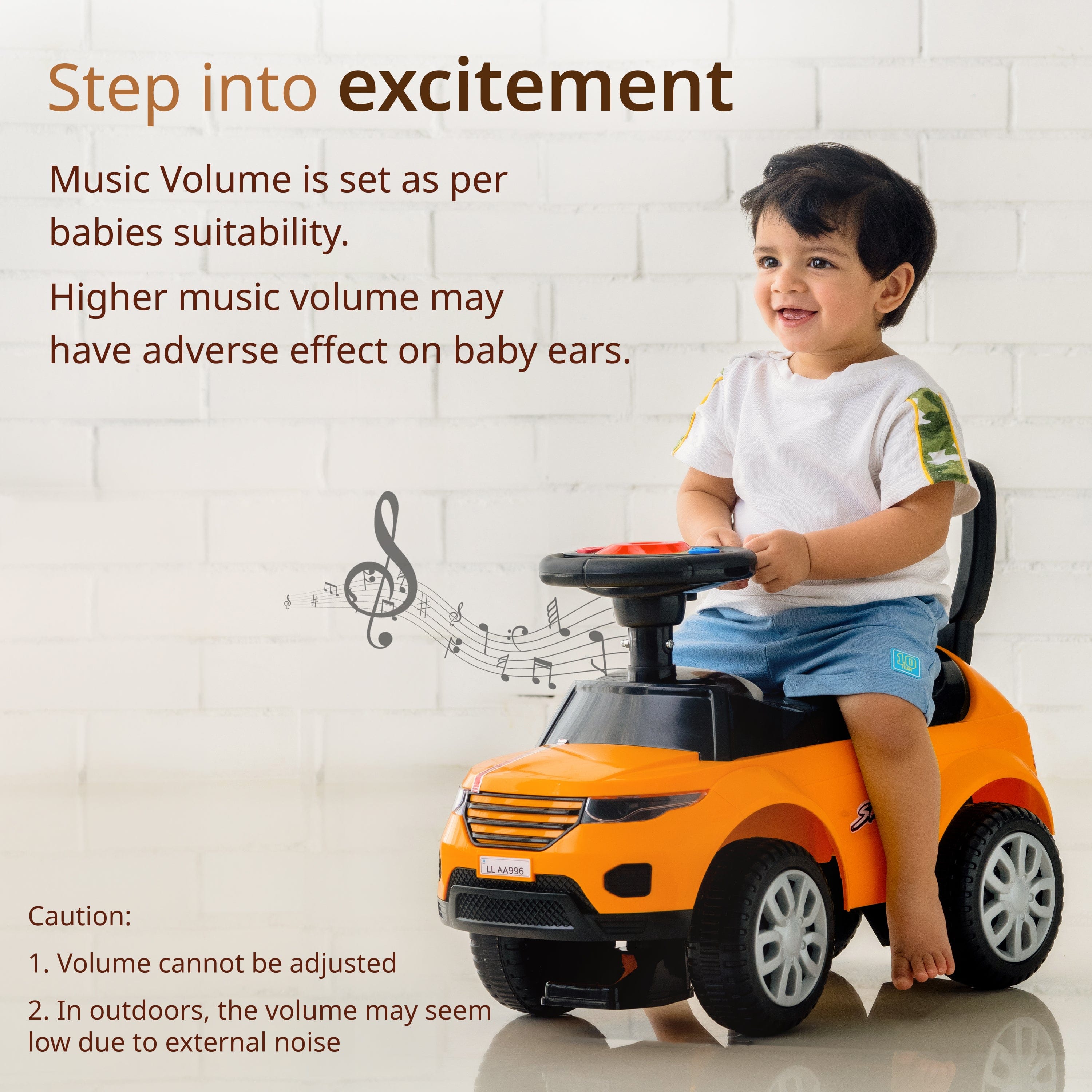 LuvLap Starlight Ride on & Car for Kids with Music & Horn Steering, Push Car for Baby with Backrest, Safety Guard, Under Seat Storage & Big Wheels, Ride on for Kids 1 to 3 Years Upto 25 Kgs (Orange)