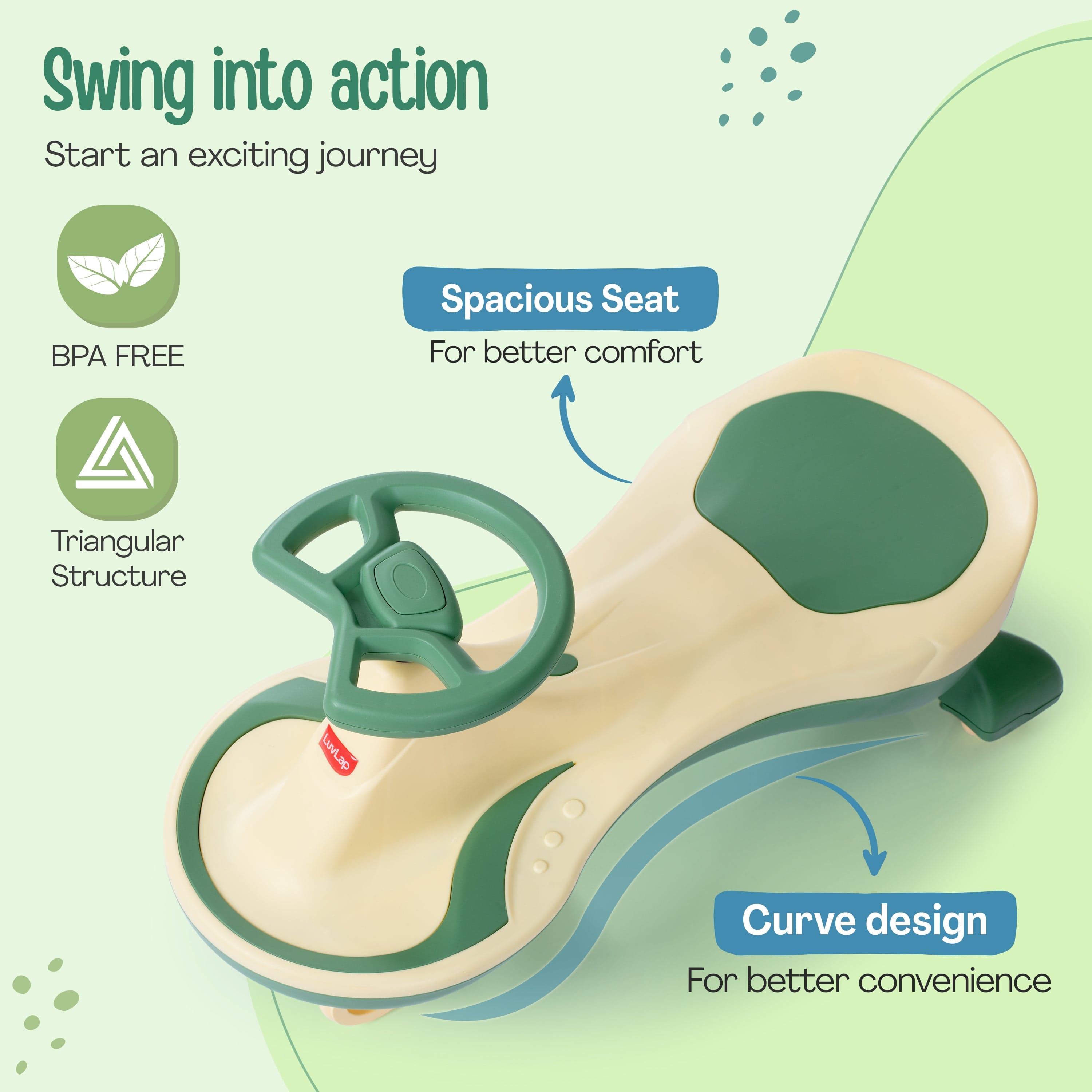 LuvLap Sunny Swing Car, Kids Push Car, Magic Car for Kids, Comfortable Seats & Durable, Ride On Magic Car for 3+ Years Baby Boy & Girl, Beige & Green
